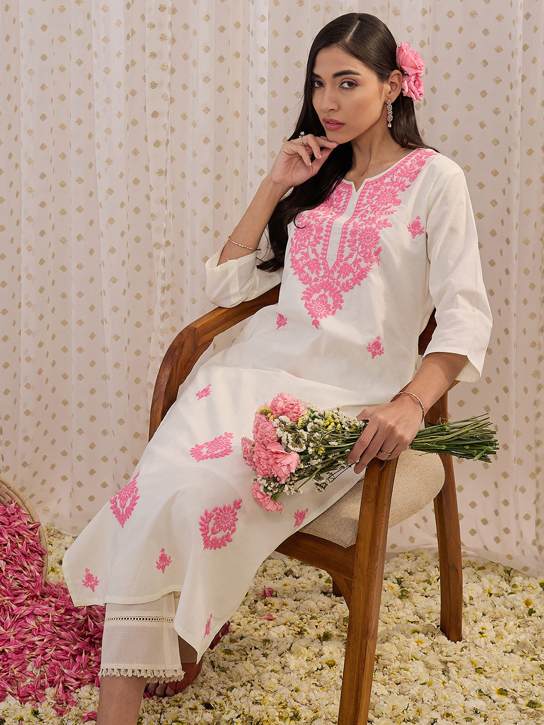 White Embroidered Straight Kurtas