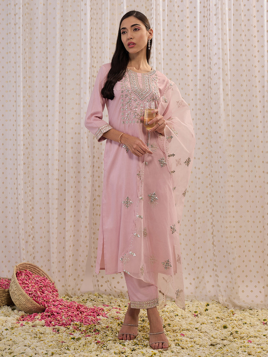 Pink Embroidered Straight Kurta Trousers With Dupatta Set