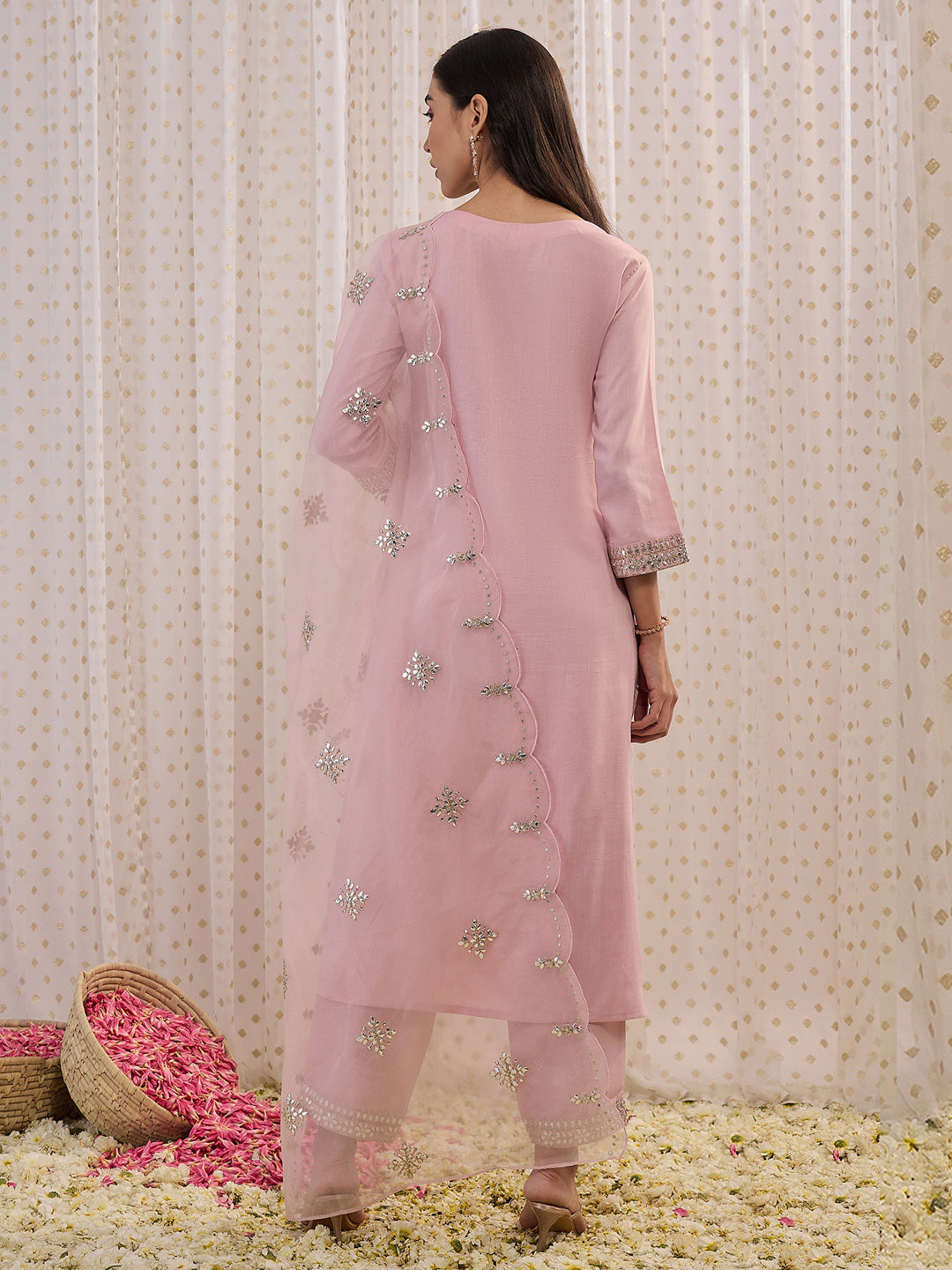 Pink Embroidered Straight Kurta Trousers With Dupatta Set