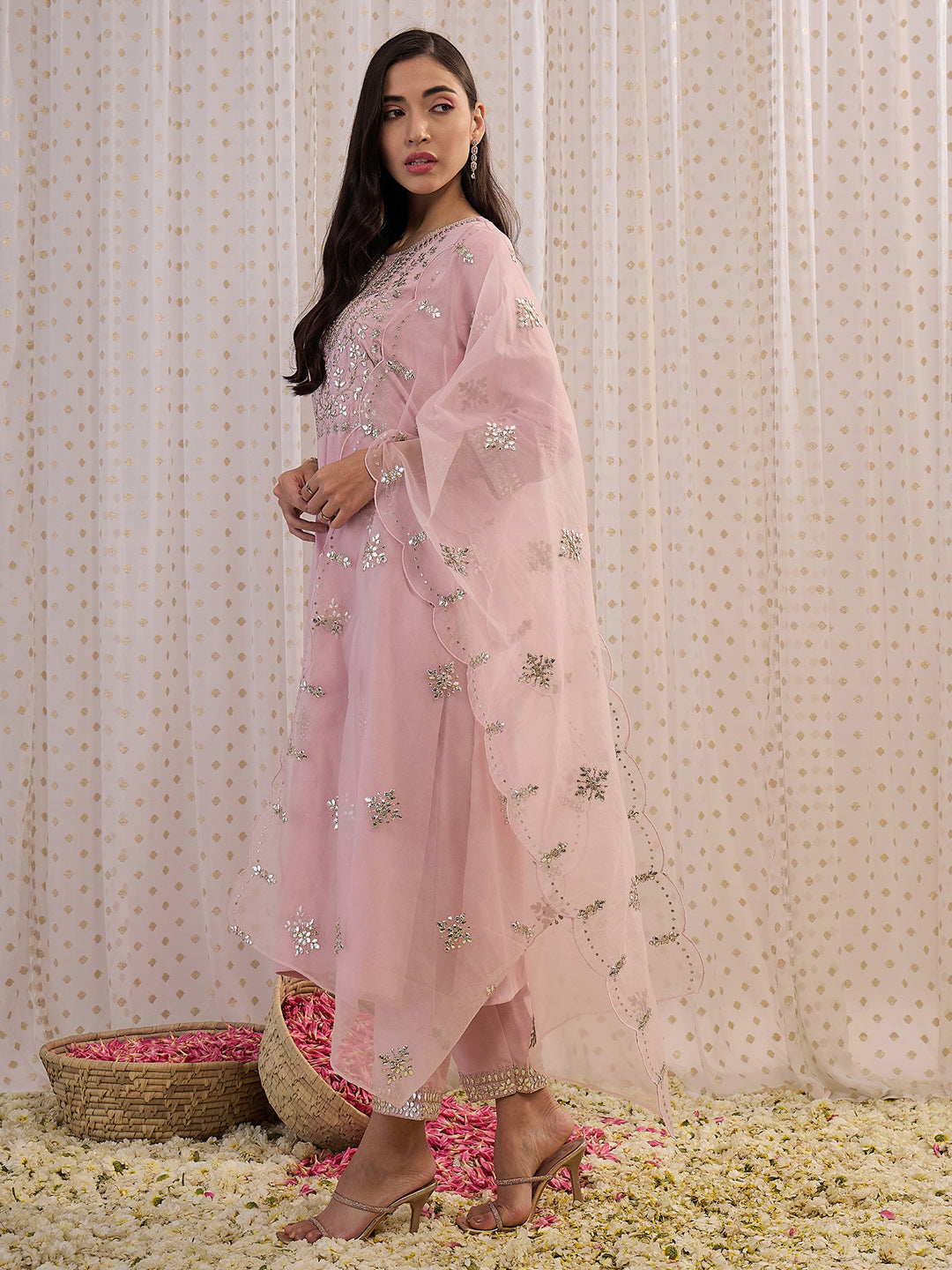 Pink Embroidered Straight Kurta Trousers With Dupatta Set