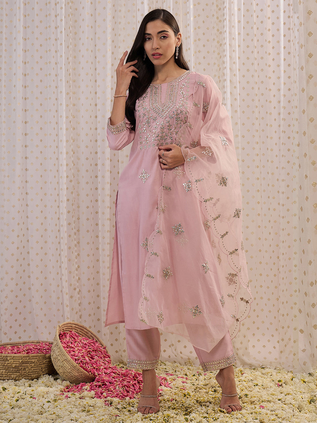 Pink Embroidered Straight Kurta Trousers With Dupatta Set