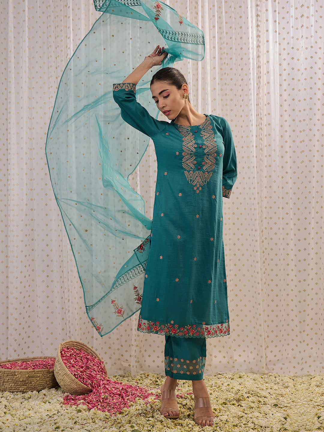 Sea Green Embroidered Straight Kurta Trousers With Dupatta Set