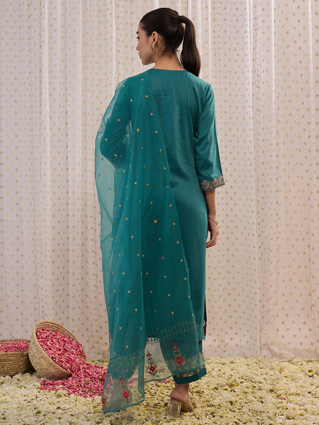 Sea Green Embroidered Straight Kurta Trousers With Dupatta Set