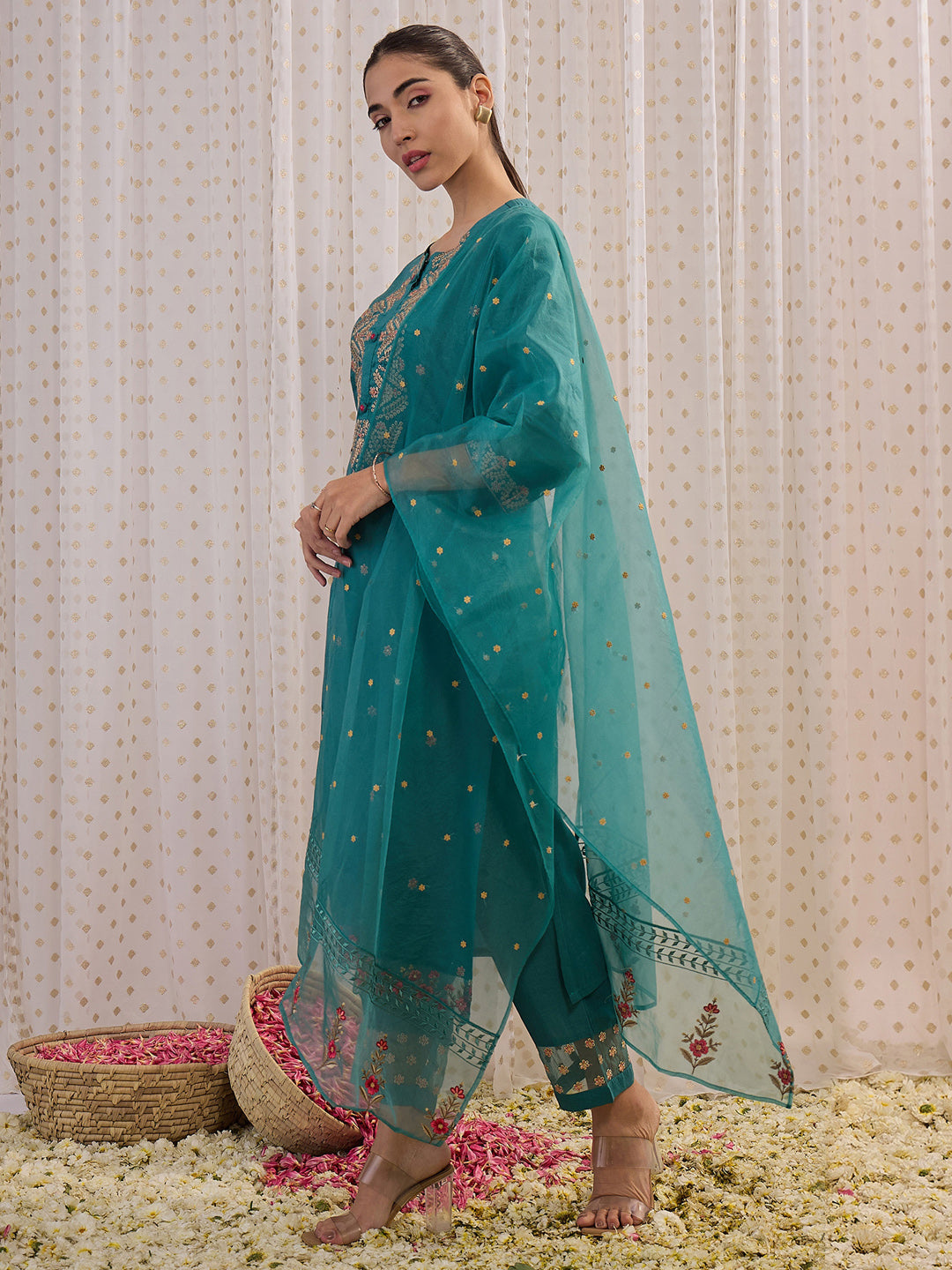 Sea Green Embroidered Straight Kurta Trousers With Dupatta Set