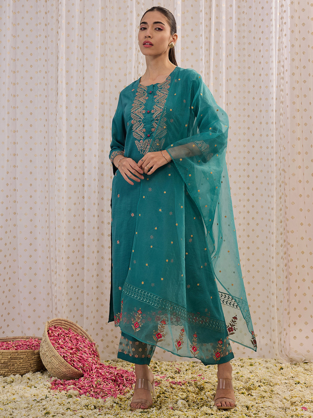 Sea Green Embroidered Straight Kurta Trousers With Dupatta Set