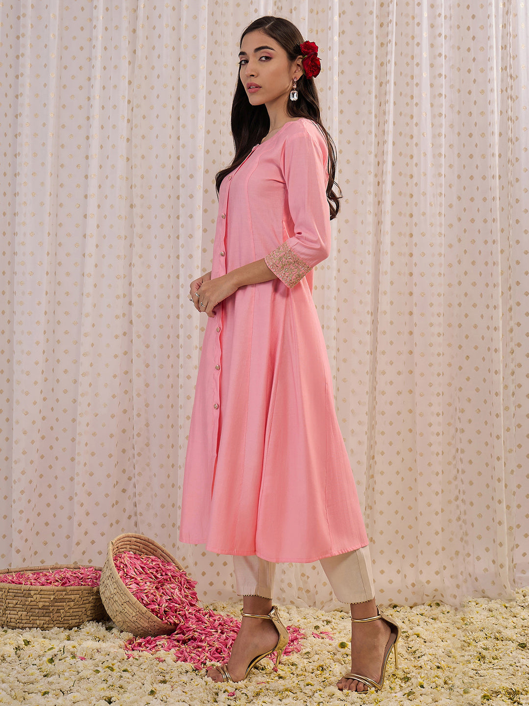 Pink Embroidered A-Line Kurtas