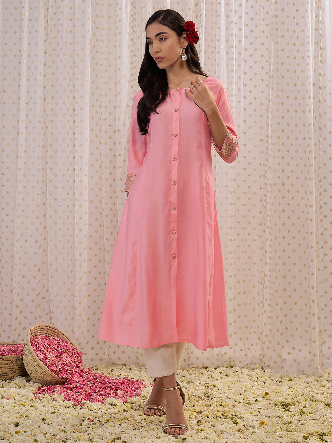 Pink Embroidered A-Line Kurtas