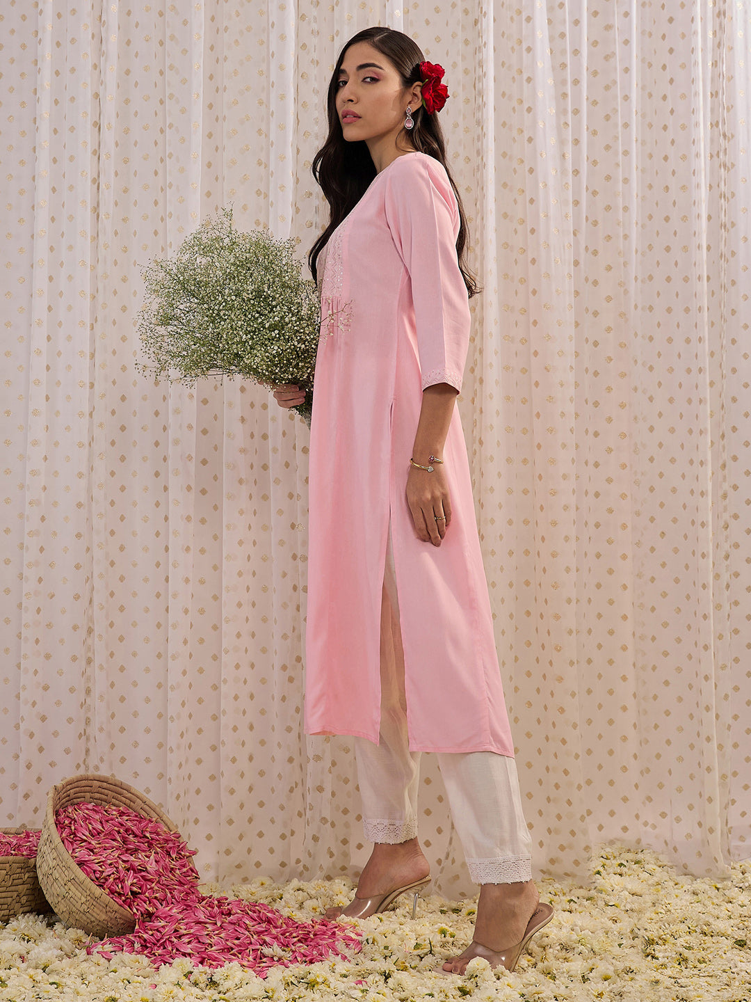 Pink Embroidered A-Line Kurtas