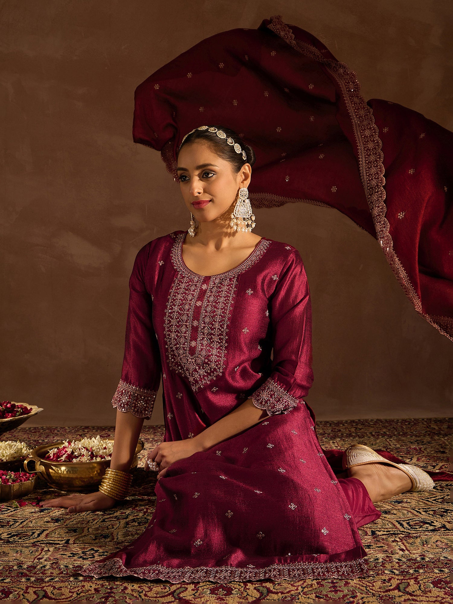 Maroon Embroidered Straight Kurta Trousers With Dupatta Set