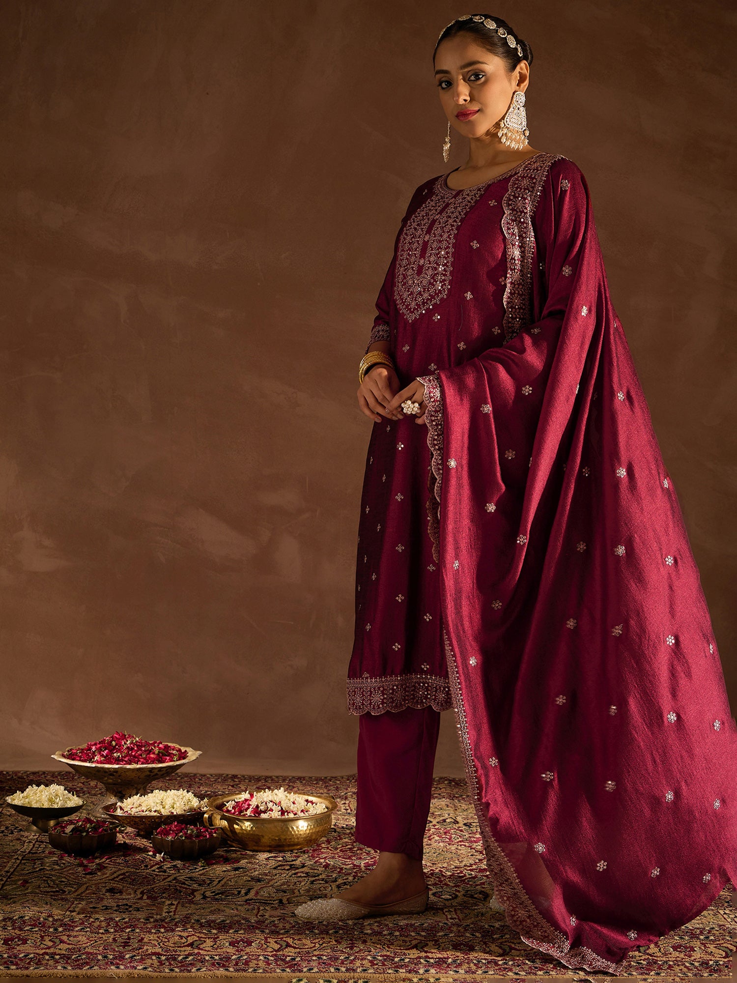 Maroon Embroidered Straight Kurta Trousers With Dupatta Set