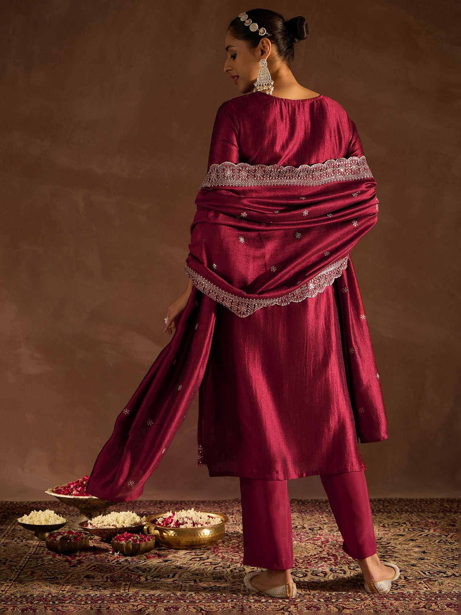 Maroon Embroidered Straight Kurta Trousers With Dupatta Set