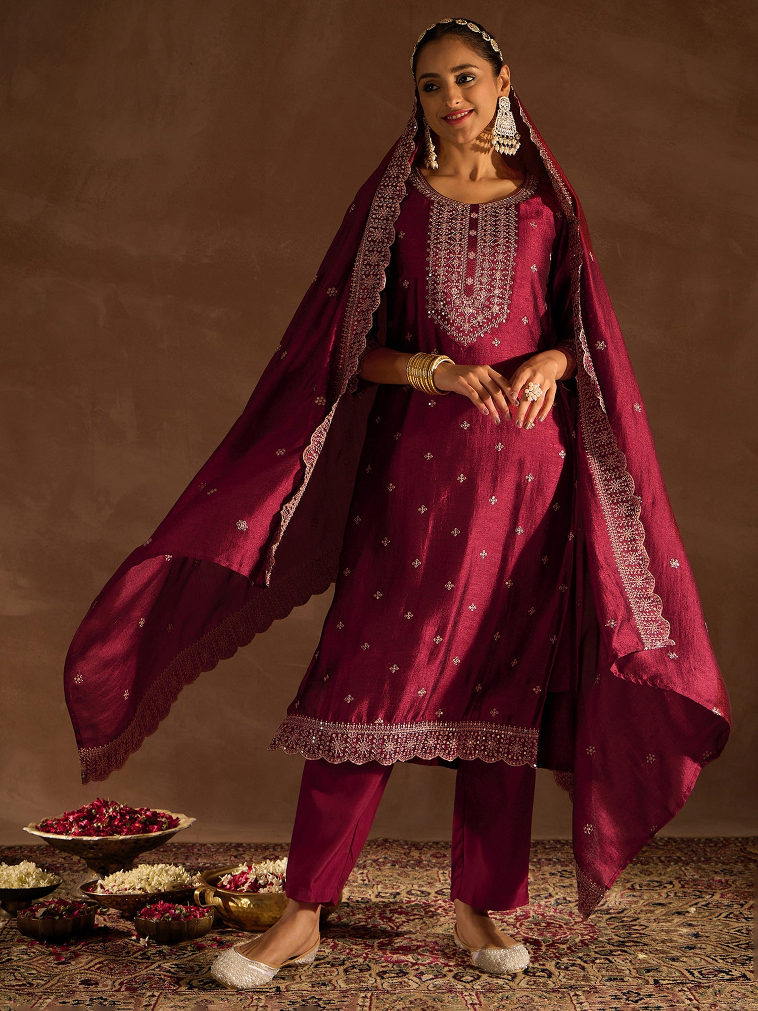 Maroon Embroidered Straight Kurta Trousers With Dupatta Set