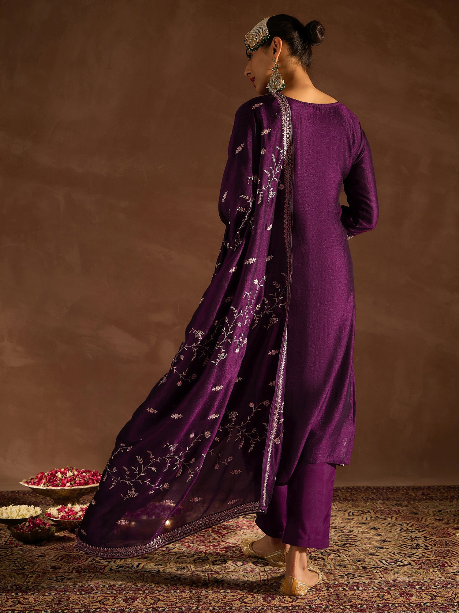 Purple Embroidered Straight Kurta Trousers With Dupatta set