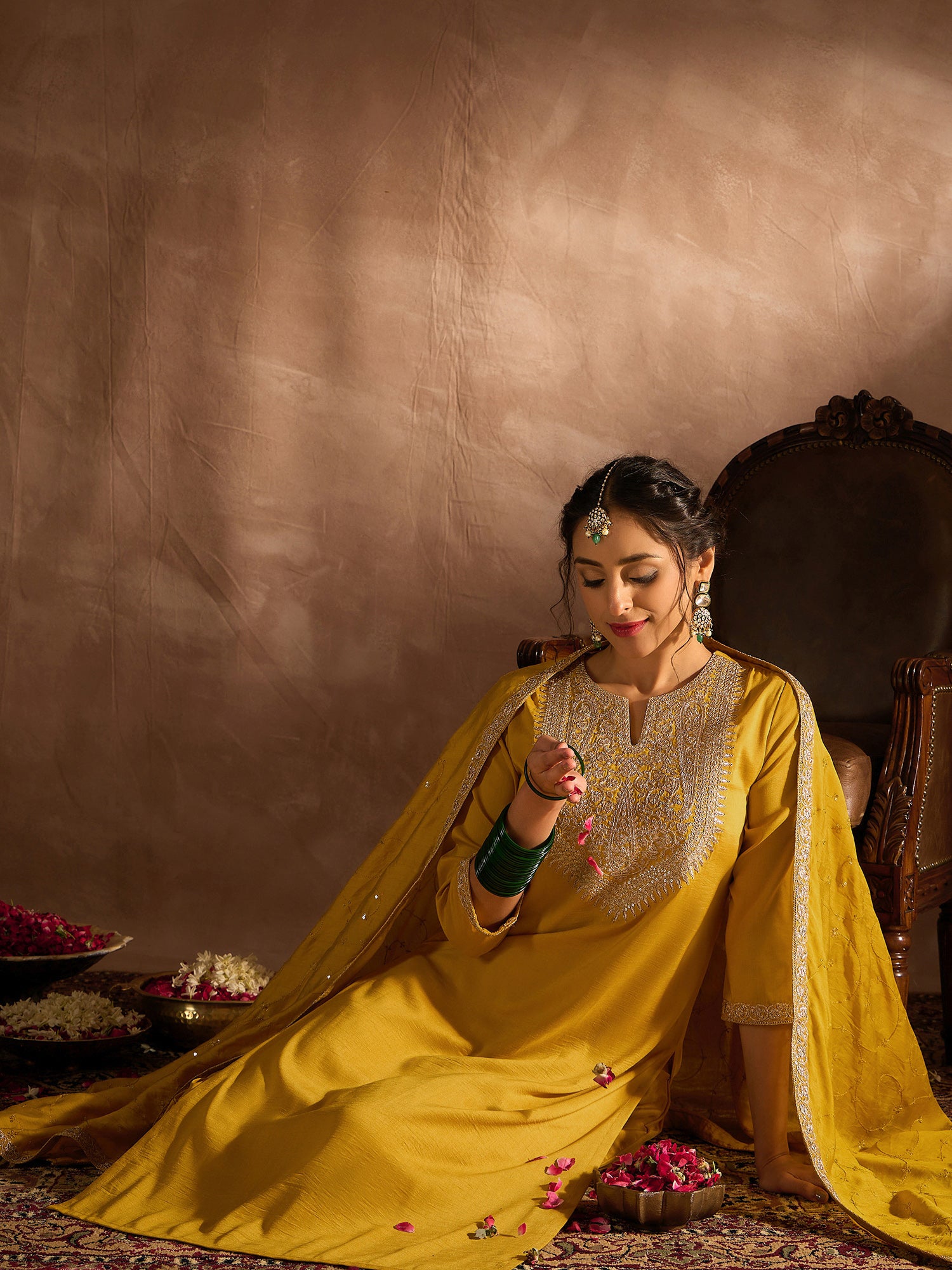 Yellow Embroidered Straight Kurta Trousers With Dupatta Set