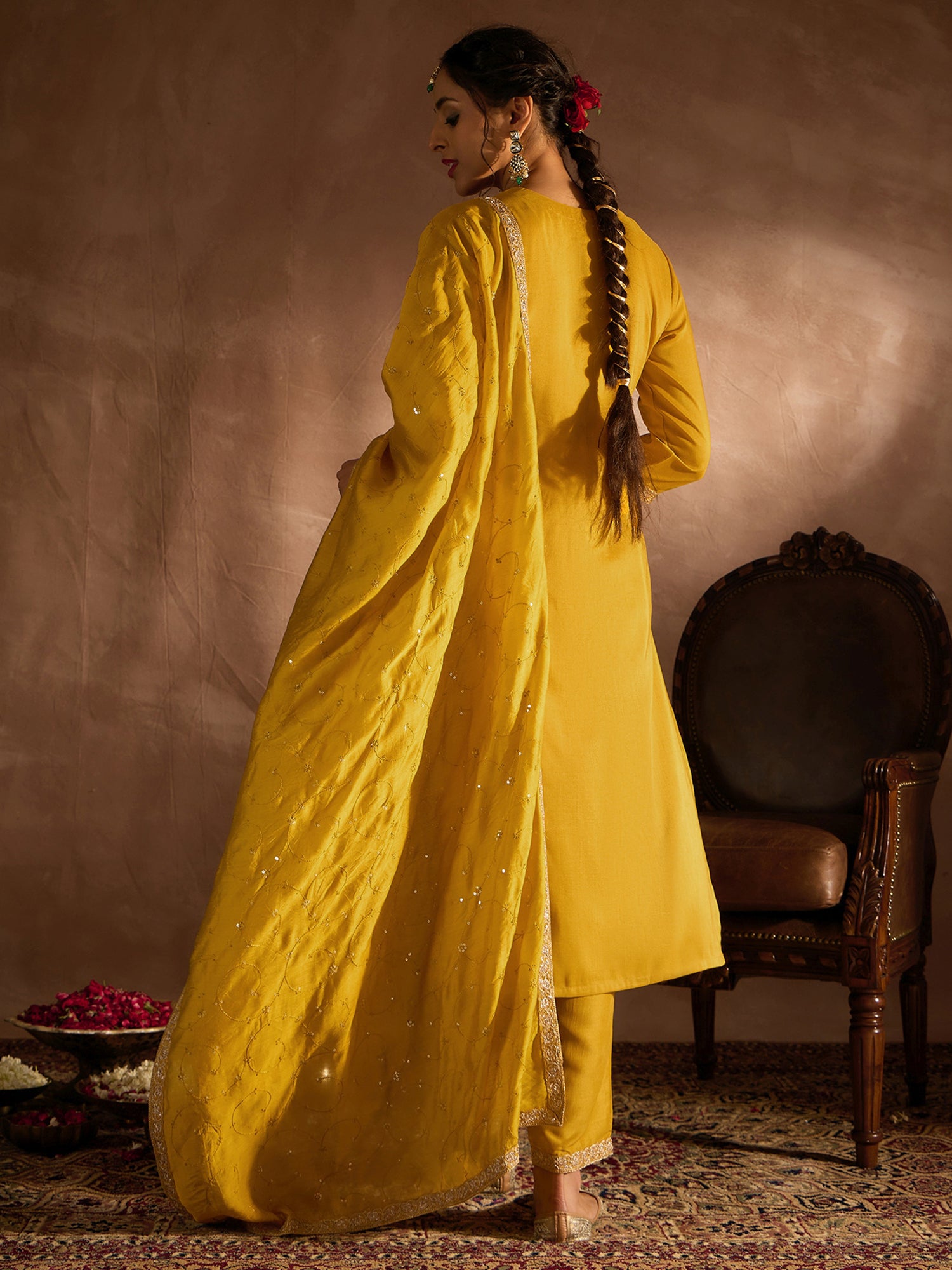 Yellow Embroidered Straight Kurta Trousers With Dupatta Set