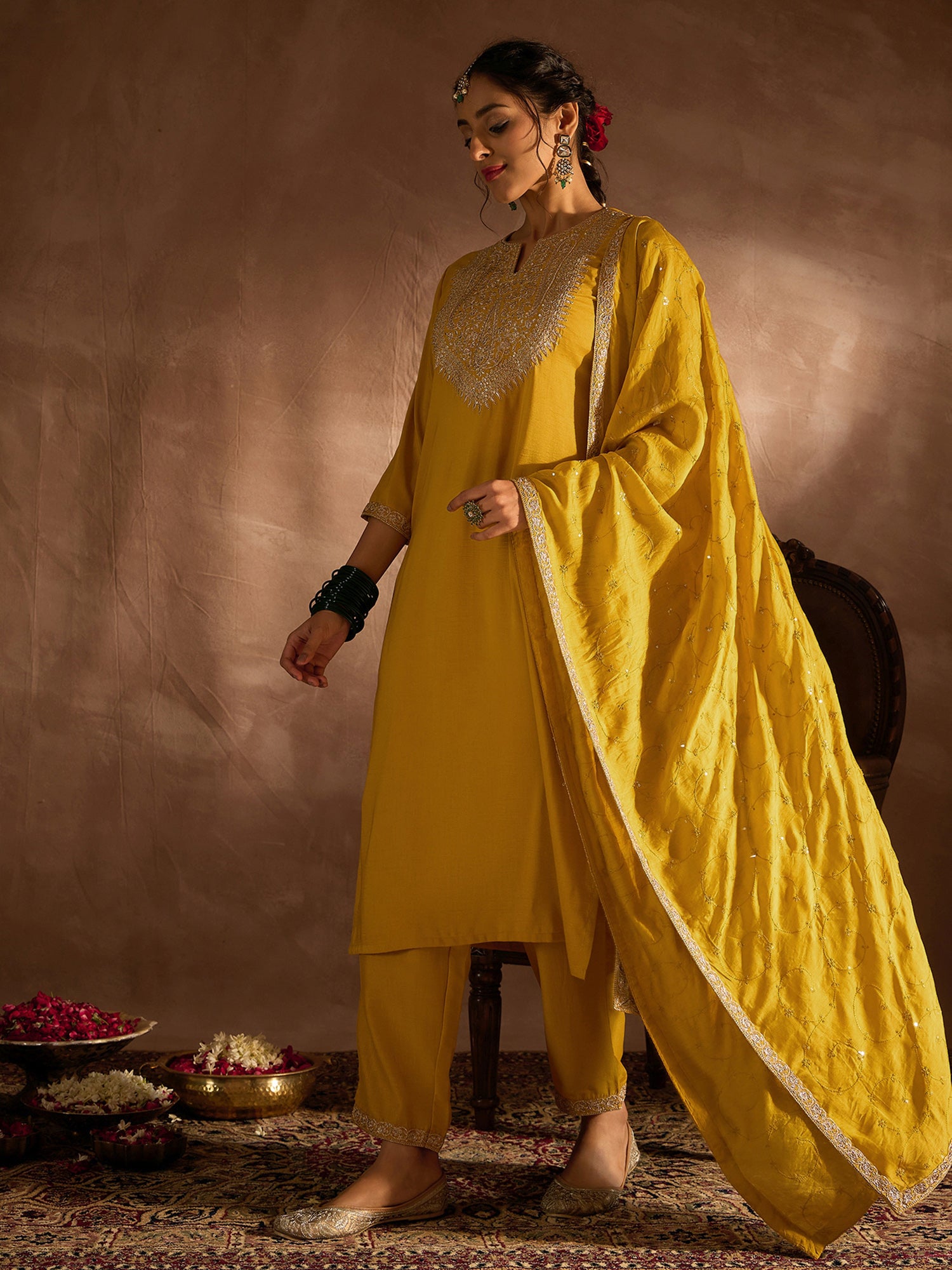 Yellow Embroidered Straight Kurta Trousers With Dupatta Set