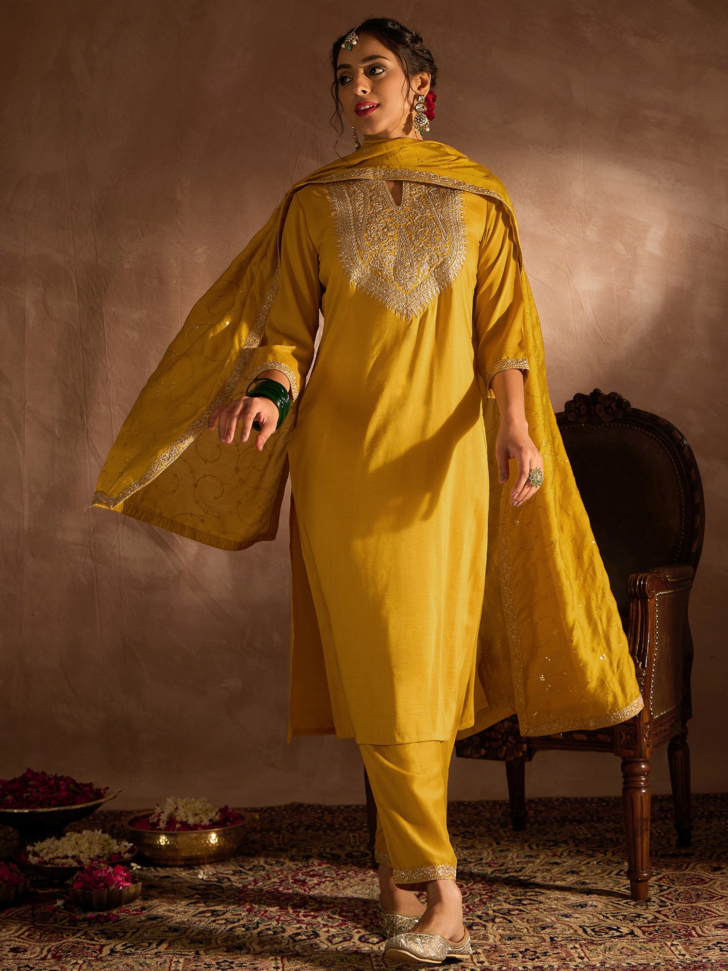 Yellow Embroidered Straight Kurta Trousers With Dupatta Set