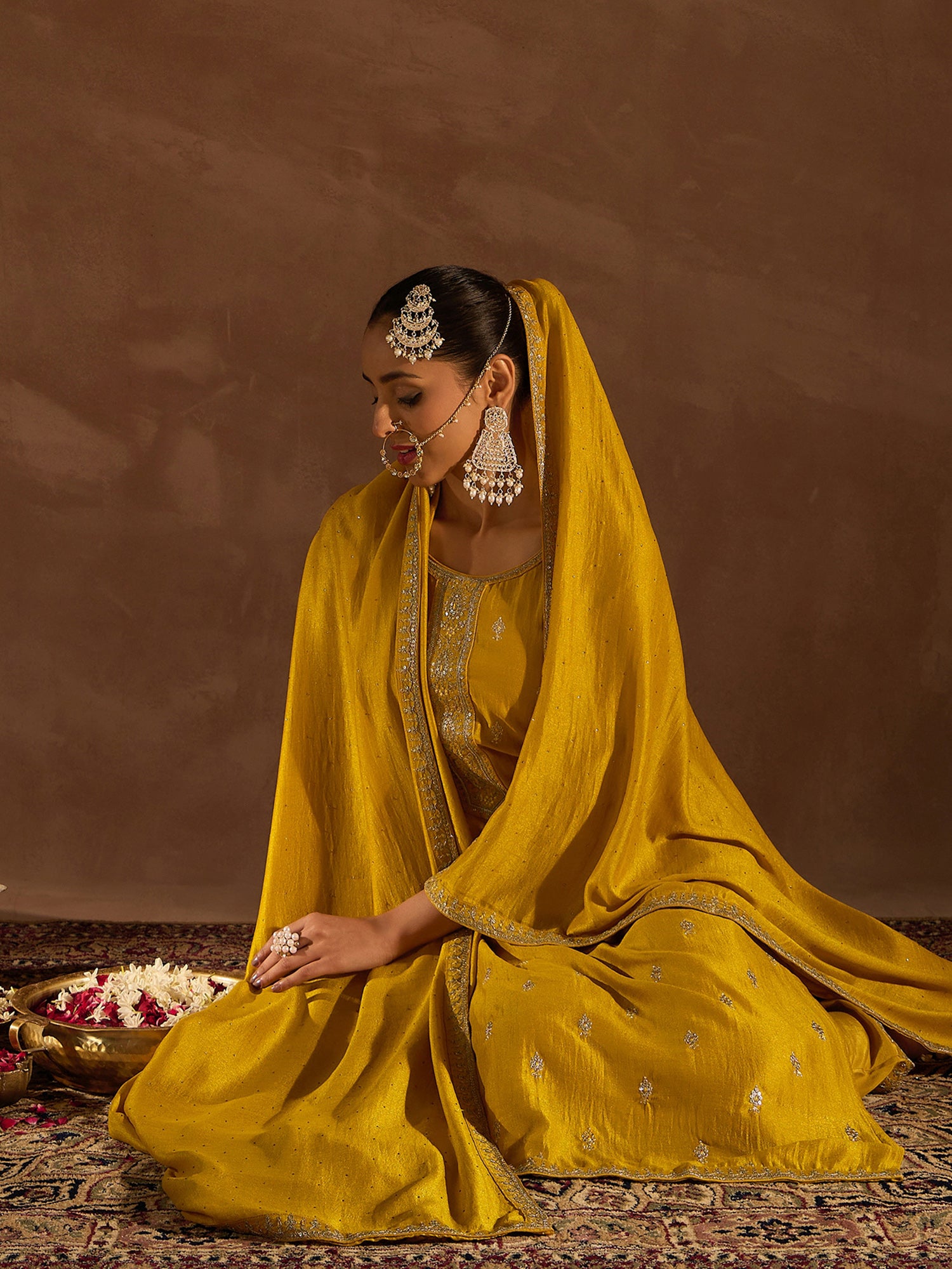 Yellow Embroidered Straight Kurta Trousers With Dupatta Set