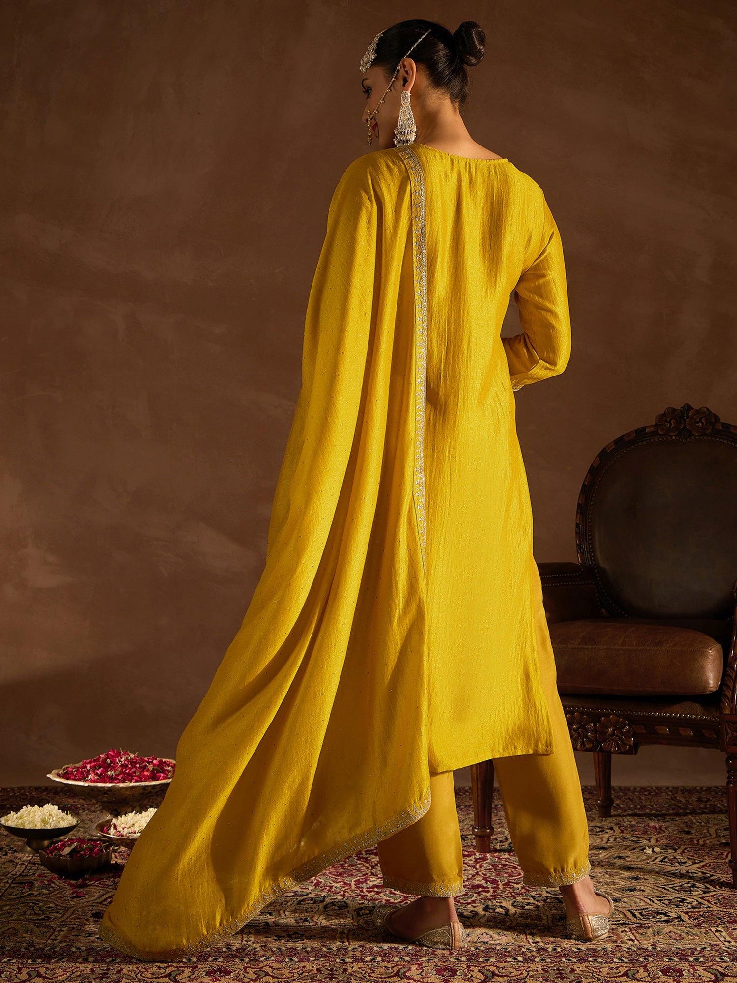 Yellow Embroidered Straight Kurta Trousers With Dupatta Set