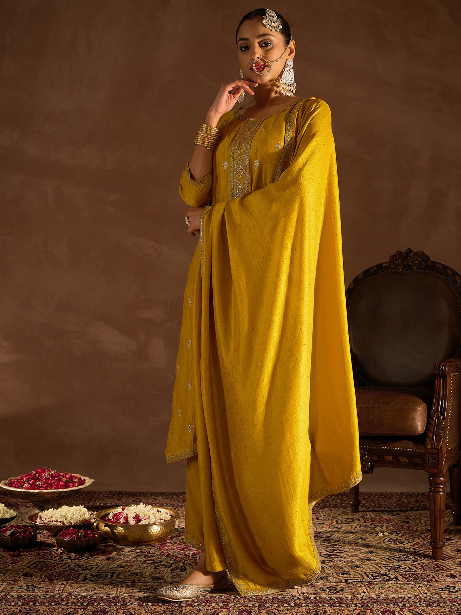 Yellow Embroidered Straight Kurta Trousers With Dupatta Set