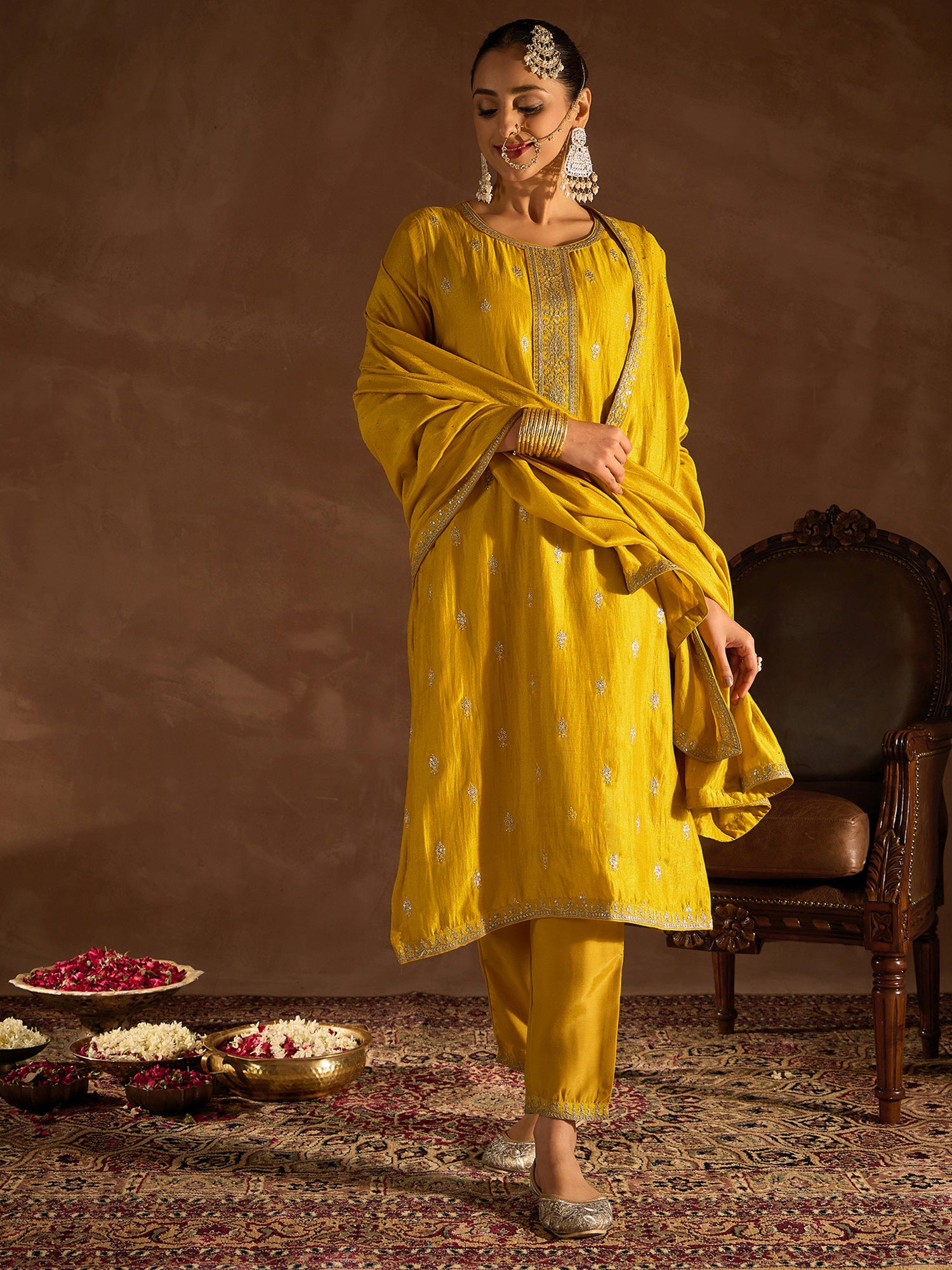 Yellow Embroidered Straight Kurta Trousers With Dupatta Set