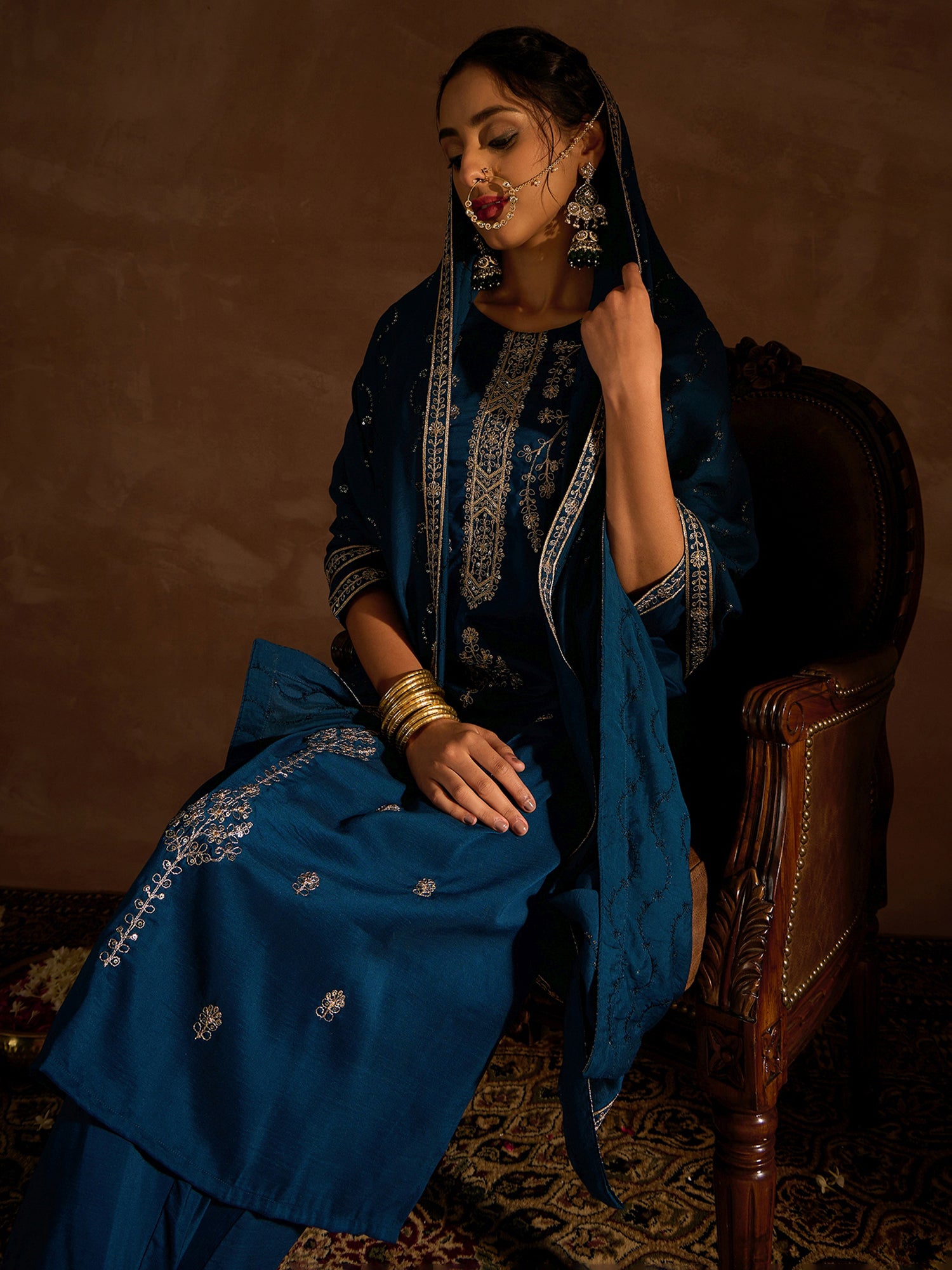 Teal Embroidered Straight Kurta Trousers With Dupatta Set