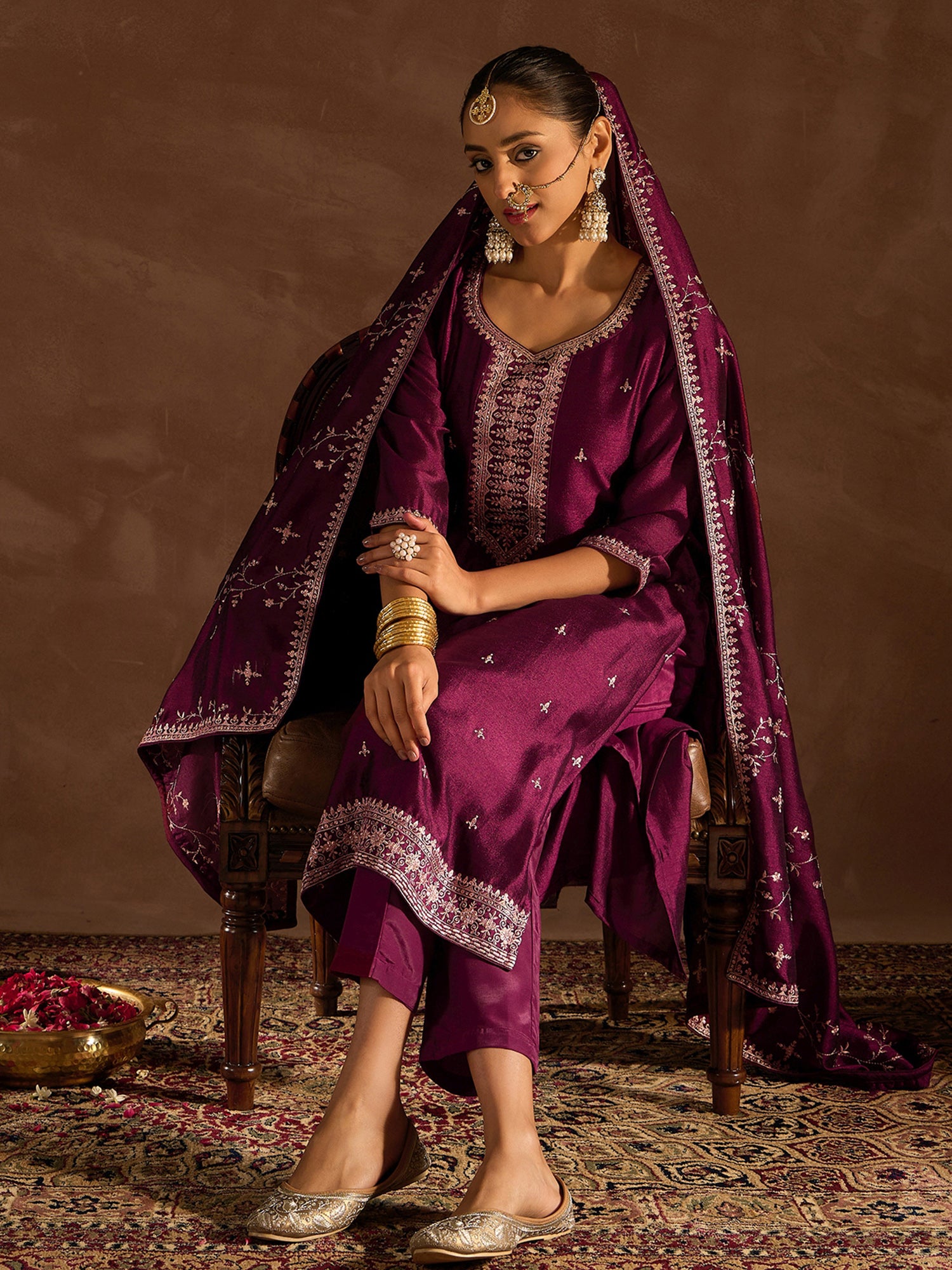 Burgundy Embroidered Straight Kurta Trousers With Dupatta Set