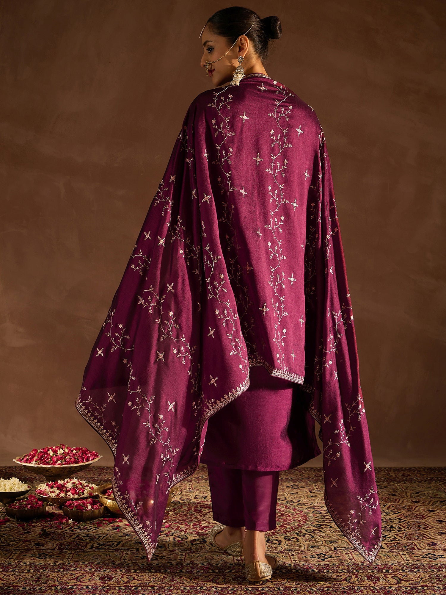 Burgundy Embroidered Straight Kurta Trousers With Dupatta Set