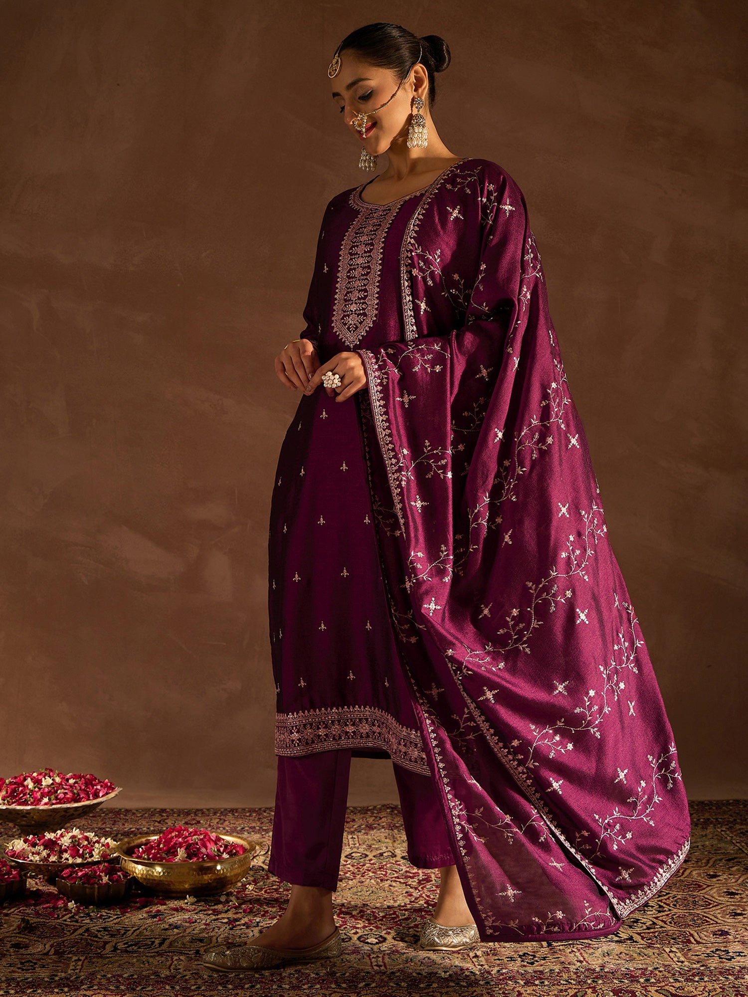 Burgundy Embroidered Straight Kurta Trousers With Dupatta Set