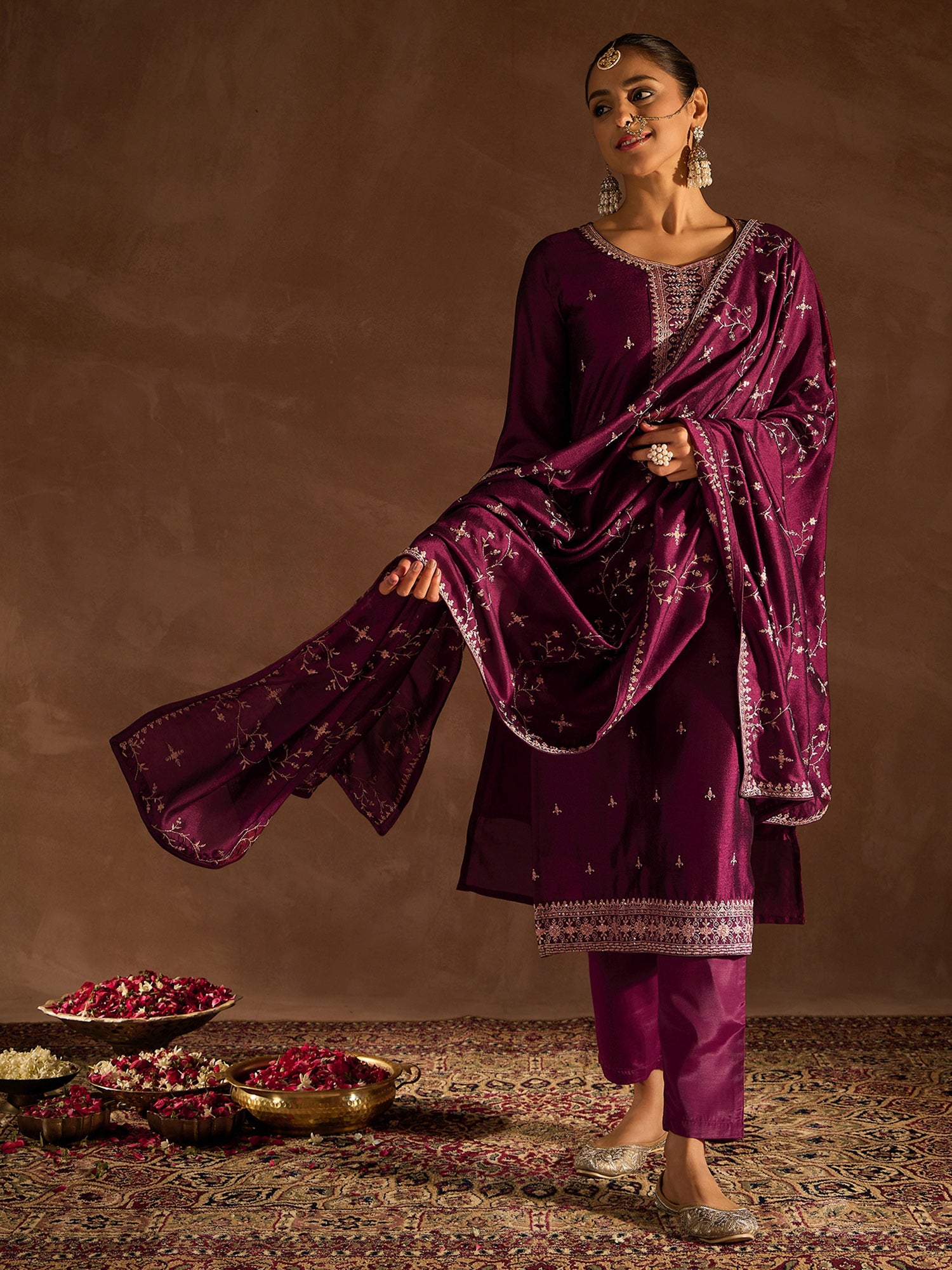 Burgundy Embroidered Straight Kurta Trousers With Dupatta Set