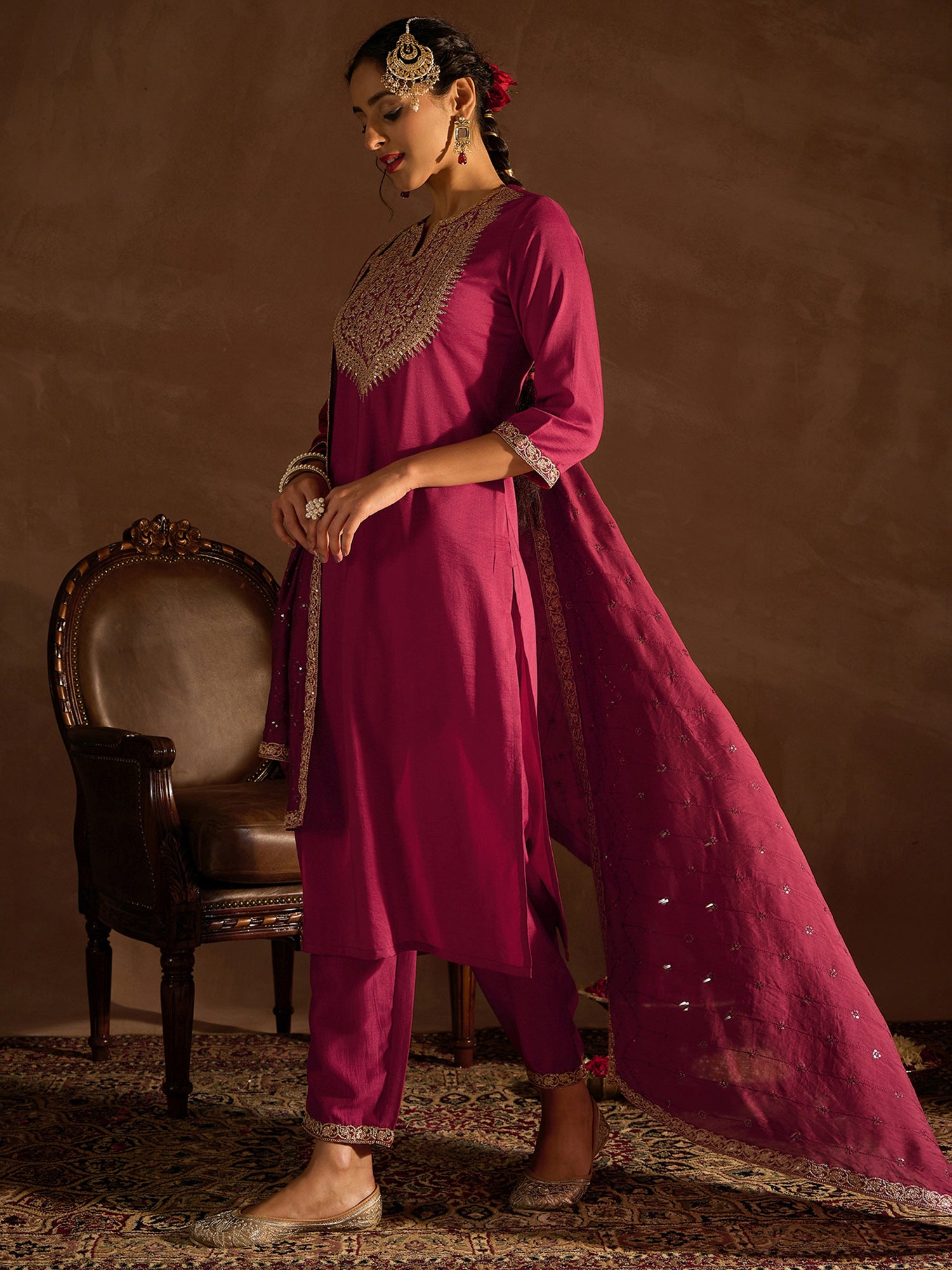 Red Embroidered Straight Kurta Trousers With Dupatta Set