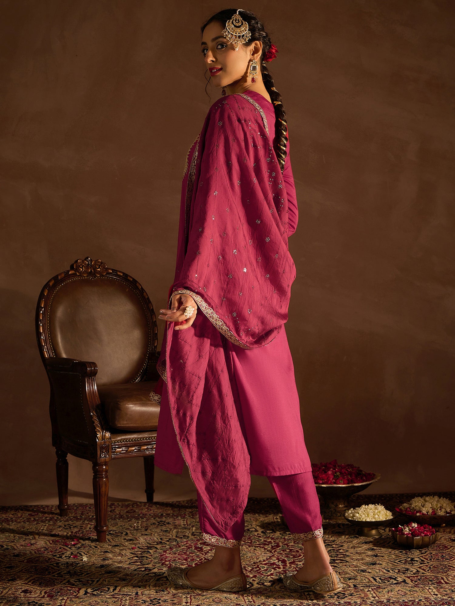 Red Embroidered Straight Kurta Trousers With Dupatta Set