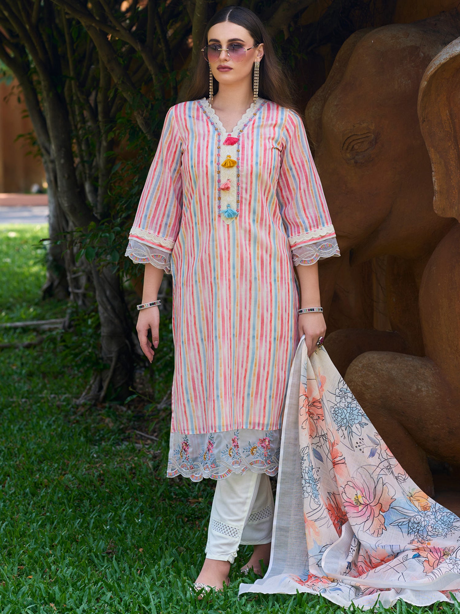 Multi Striped Straight Kurta Trousers With Dupatta set