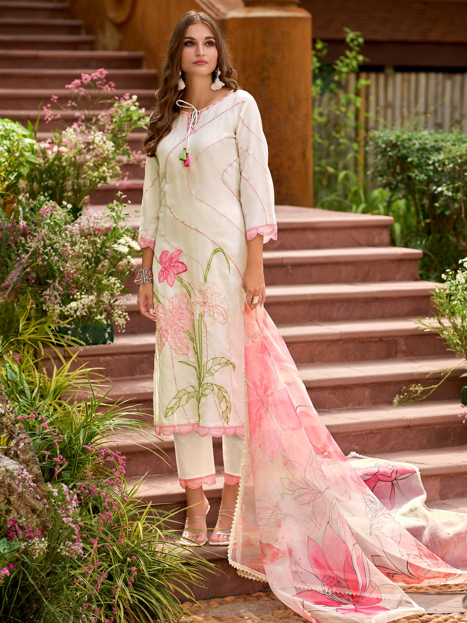 White Embroidered Straight Kurta Trousers With Dupatta Set