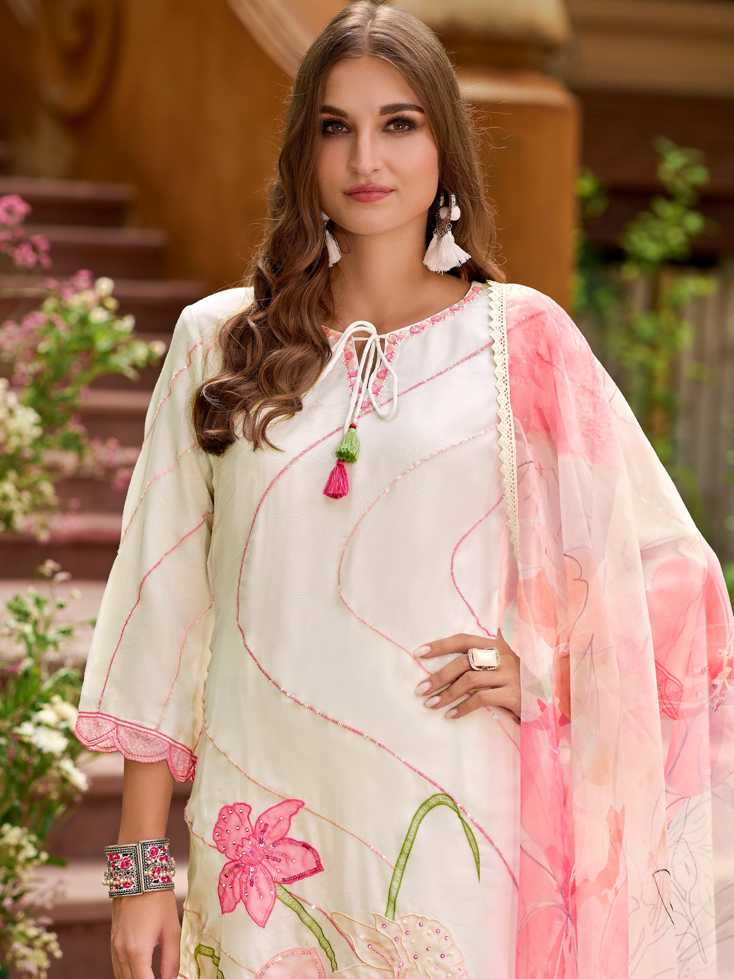 White Embroidered Straight Kurta Trousers With Dupatta Set