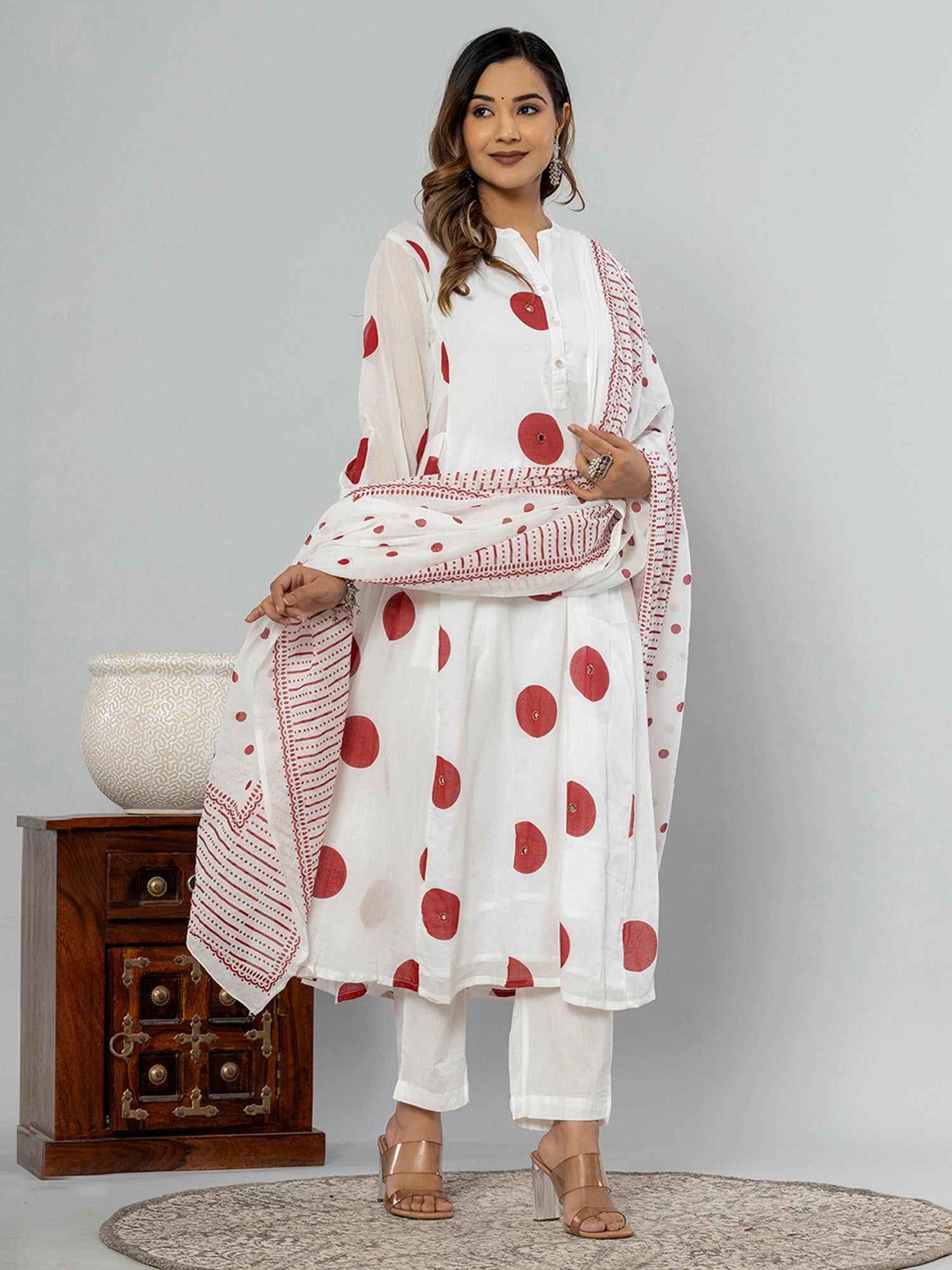 Off White Printed A-Line Kurta Trousers With Dupatta Set