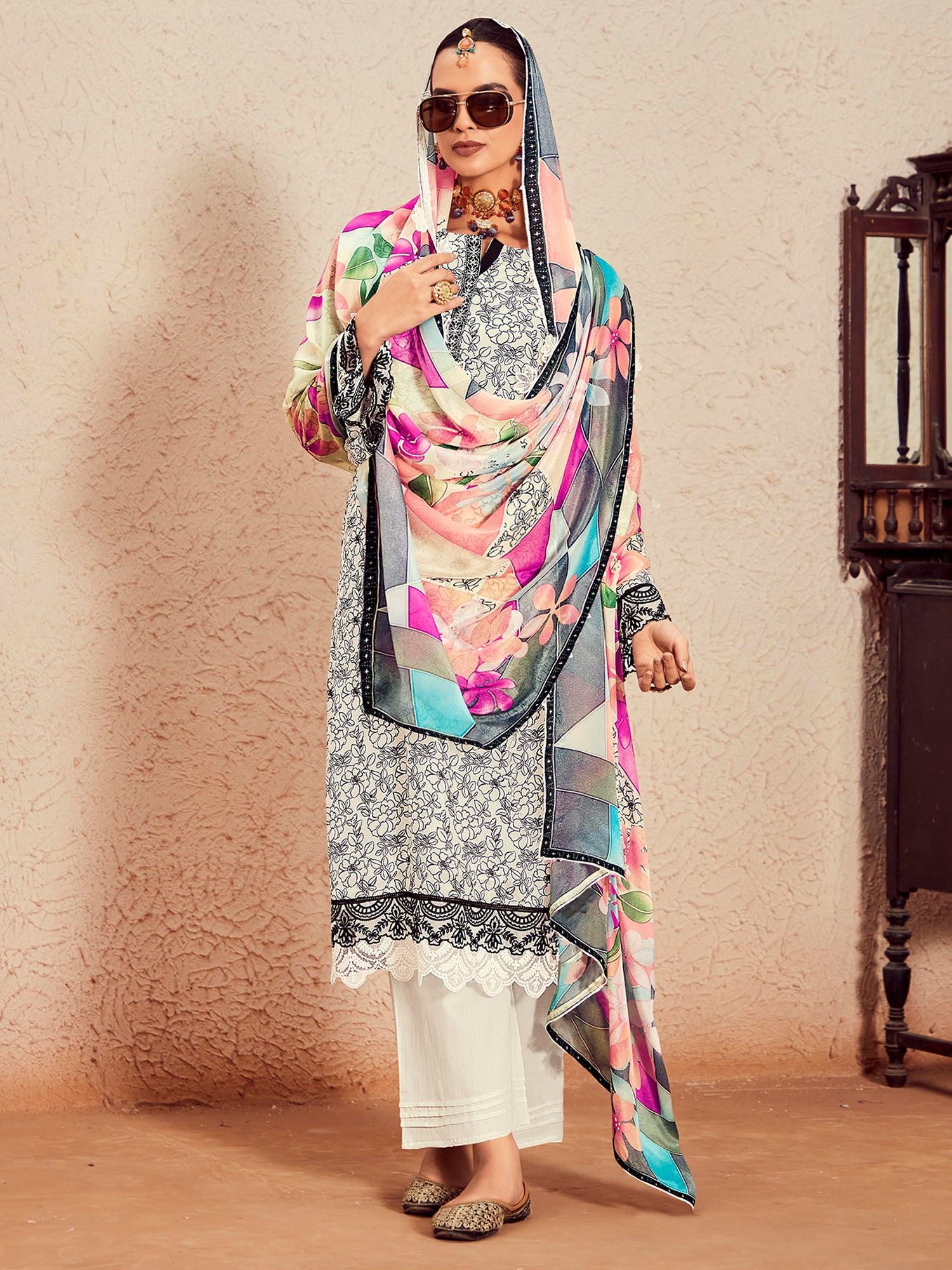 Off White Printed Straight Kurta Trousers With Dupatta  Set