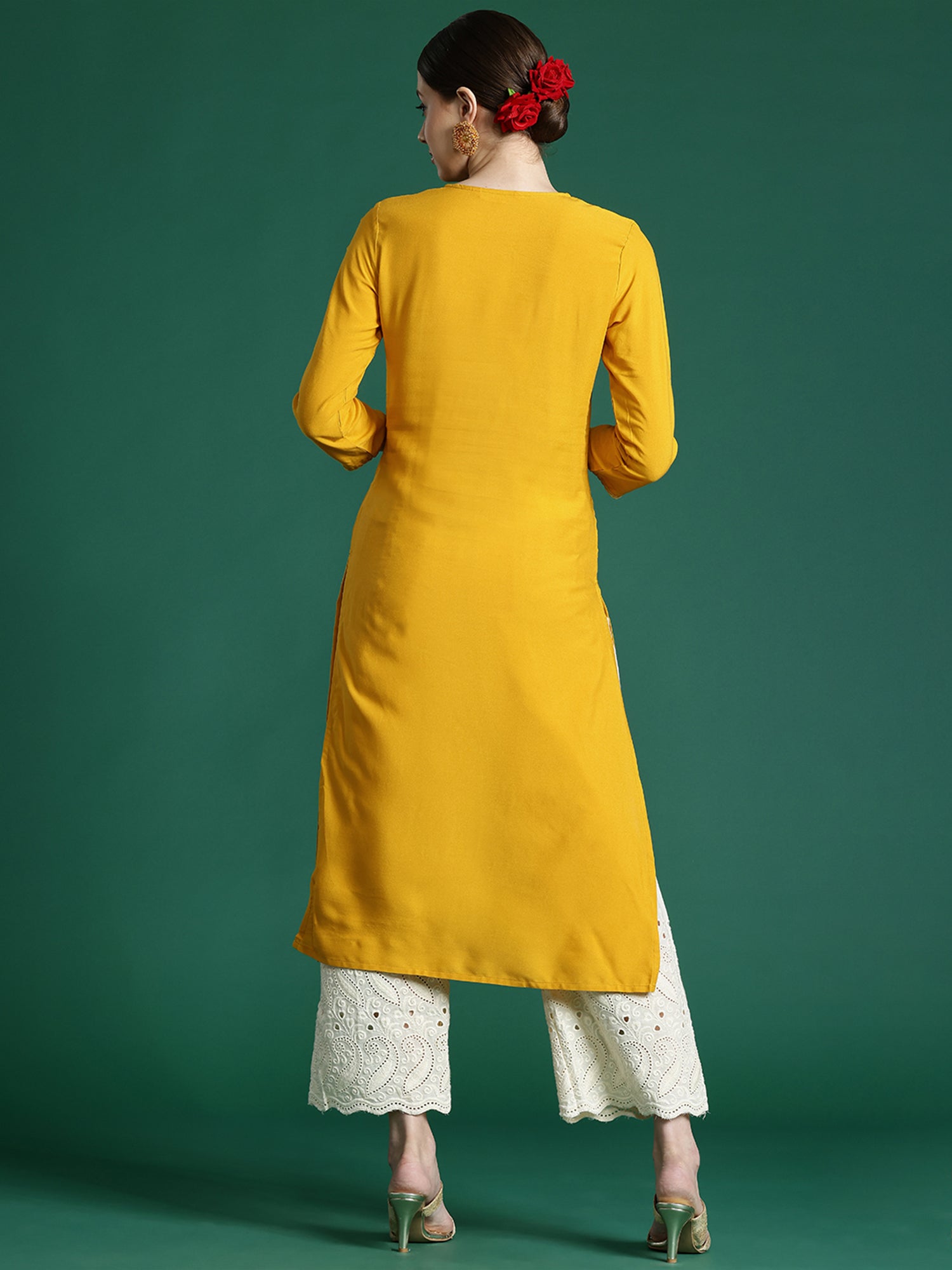 Mustard Embroidered Straight Kurtas