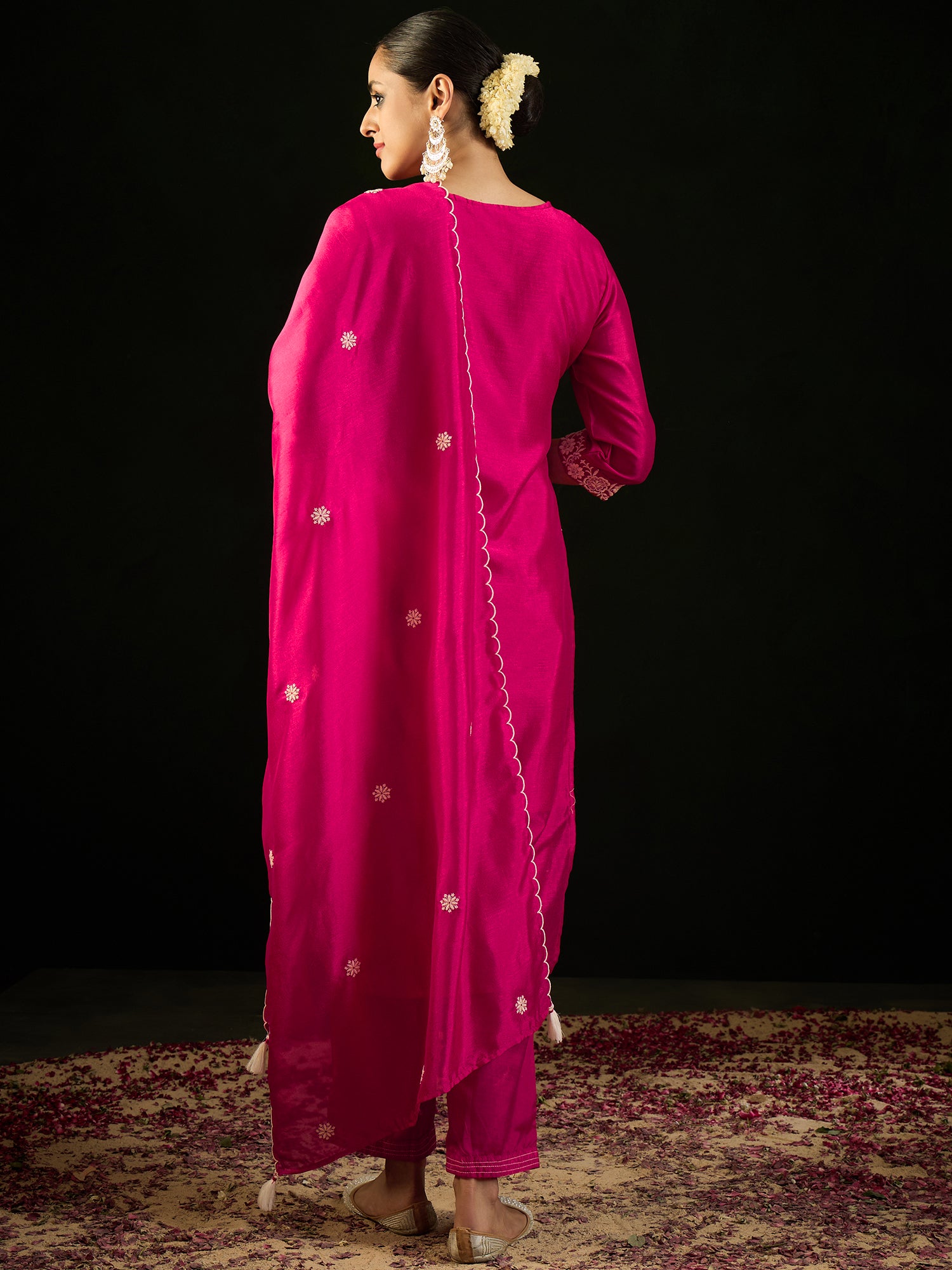 Pink Embroidered Straight Kurta Trousers With Dupatta Set