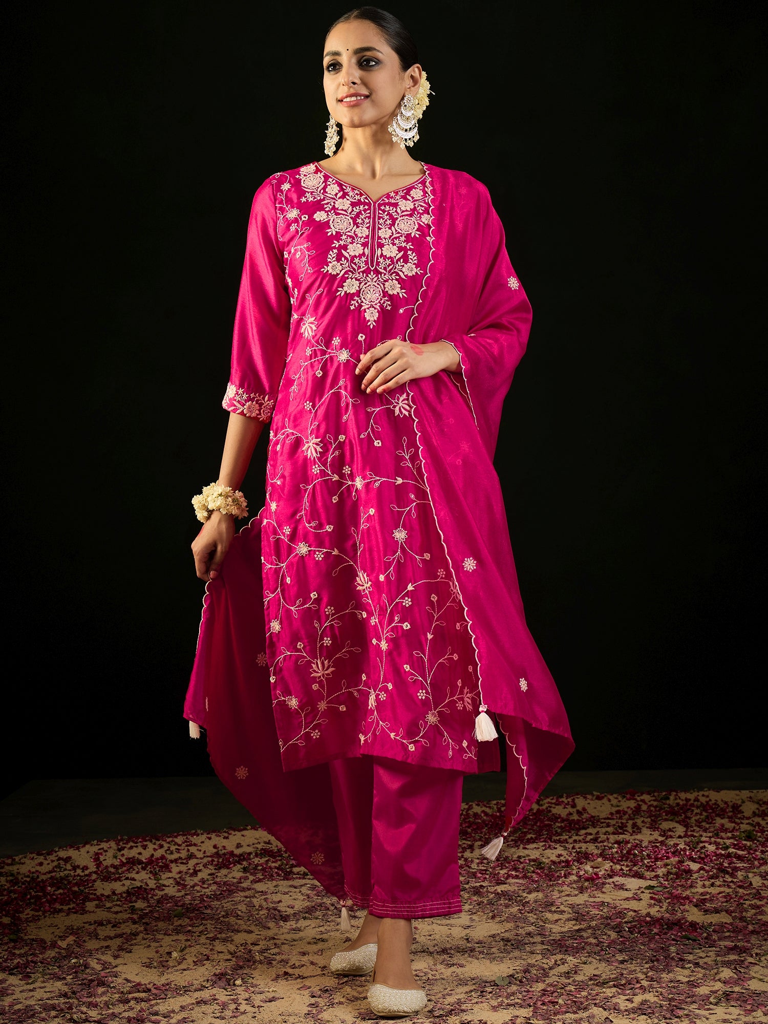 Pink Embroidered Straight Kurta Trousers With Dupatta Set