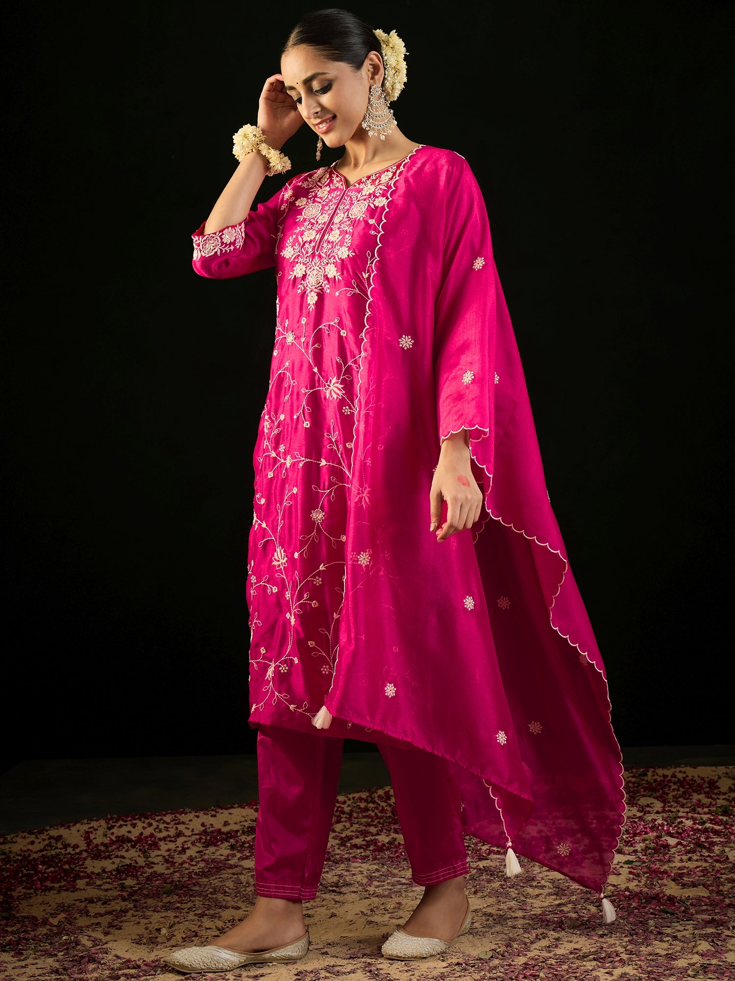 Pink Embroidered Straight Kurta Trousers With Dupatta Set