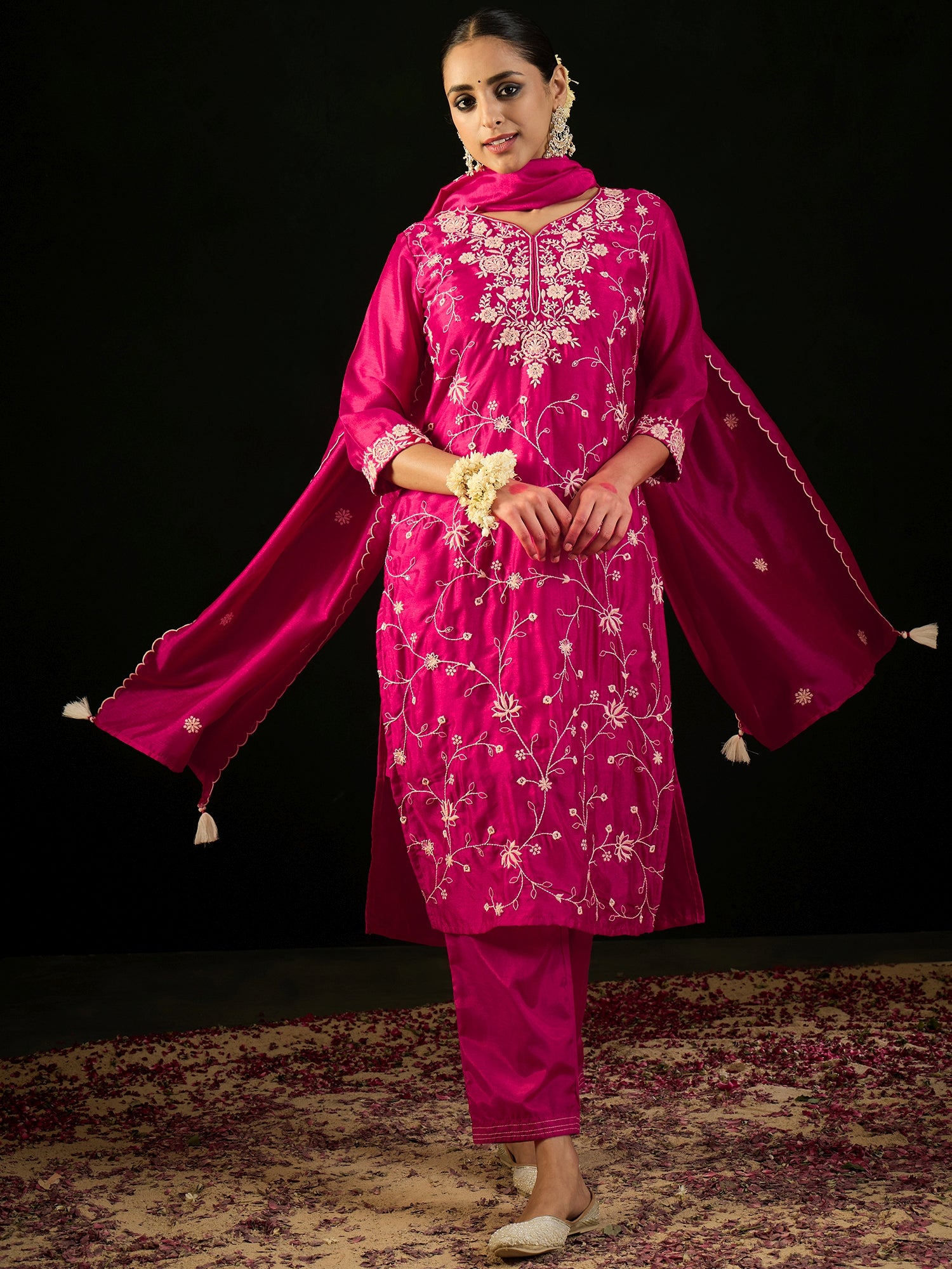 Pink Embroidered Straight Kurta Trousers With Dupatta Set