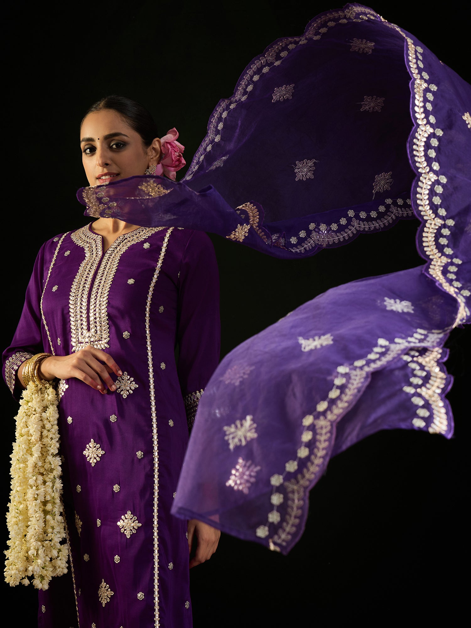 Purple Embroidered Straight Kurta Trousers With Dupatta set