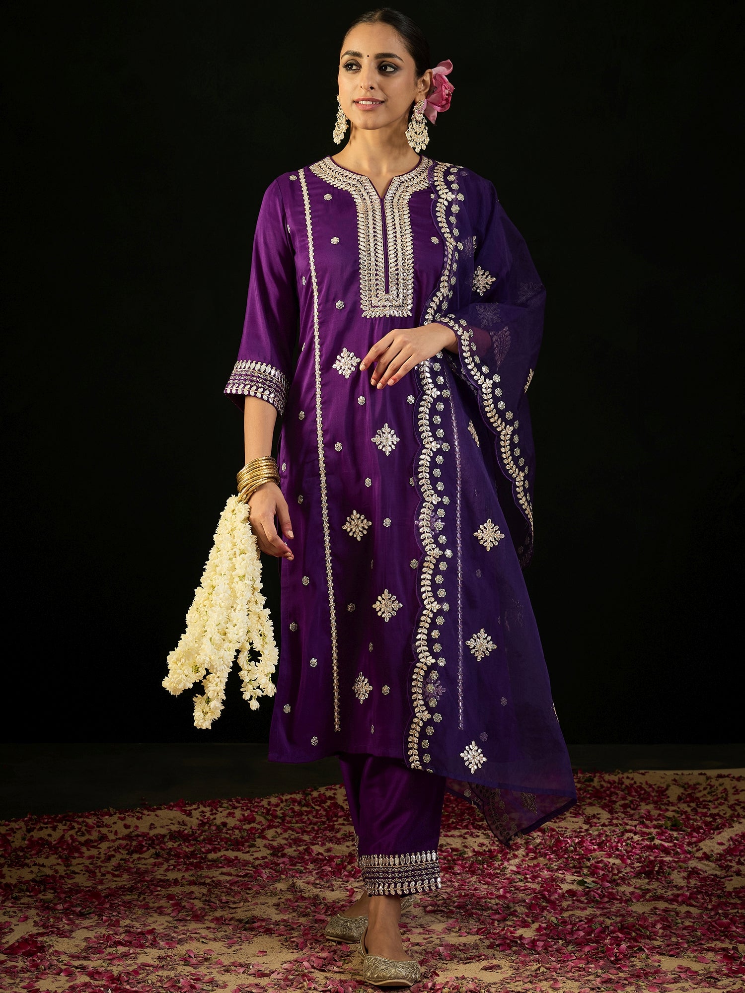 Purple Embroidered Straight Kurta Trousers With Dupatta set