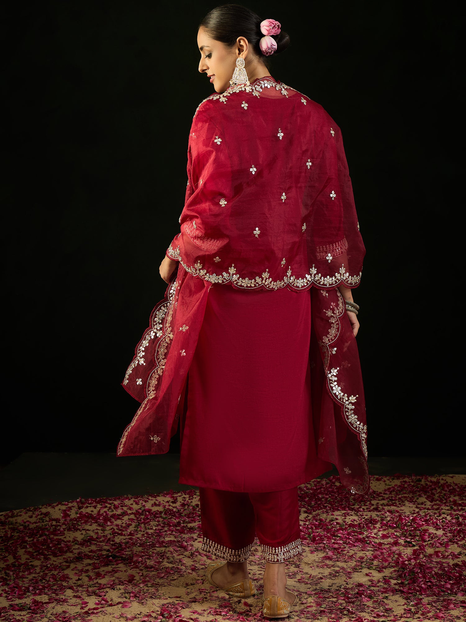 Maroon Embroidered Straight Kurta Trousers With Dupatta Set