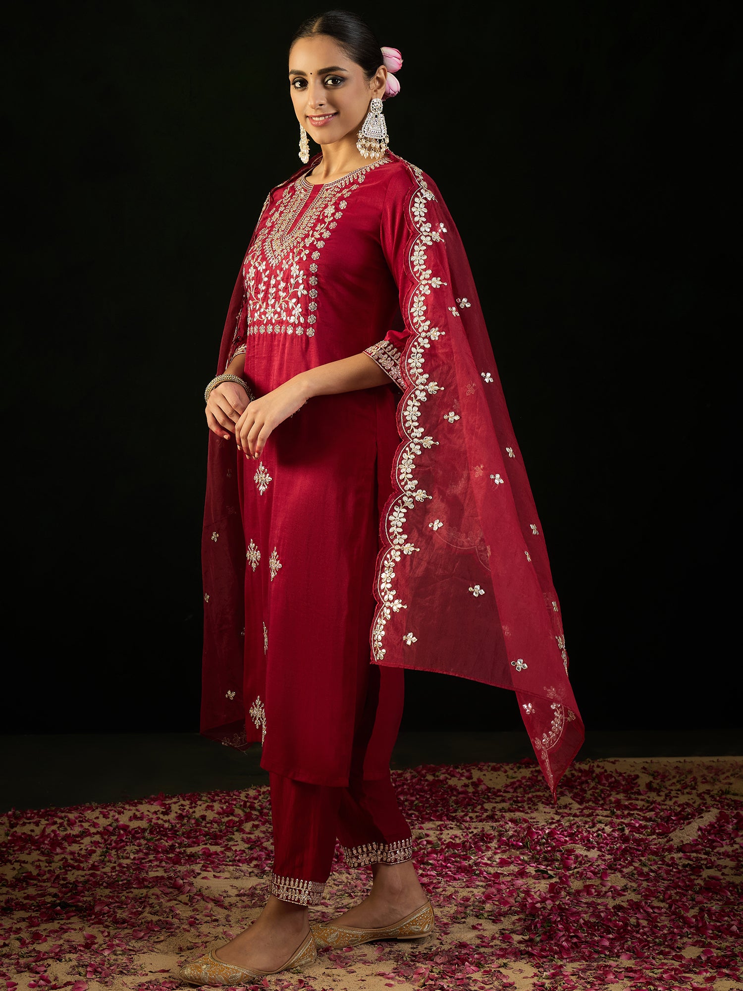 Maroon Embroidered Straight Kurta Trousers With Dupatta Set