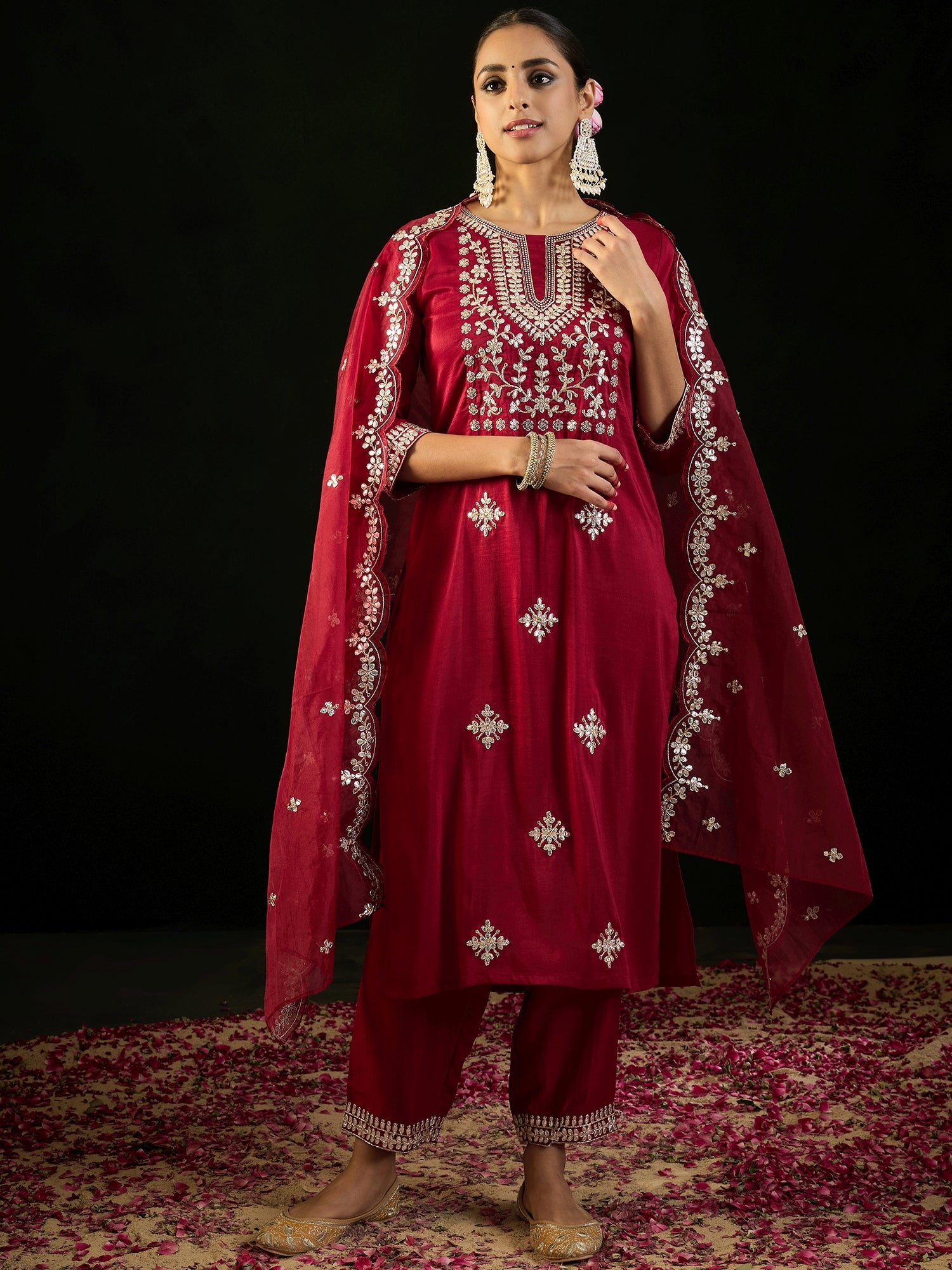 Maroon Embroidered Straight Kurta Trousers With Dupatta Set