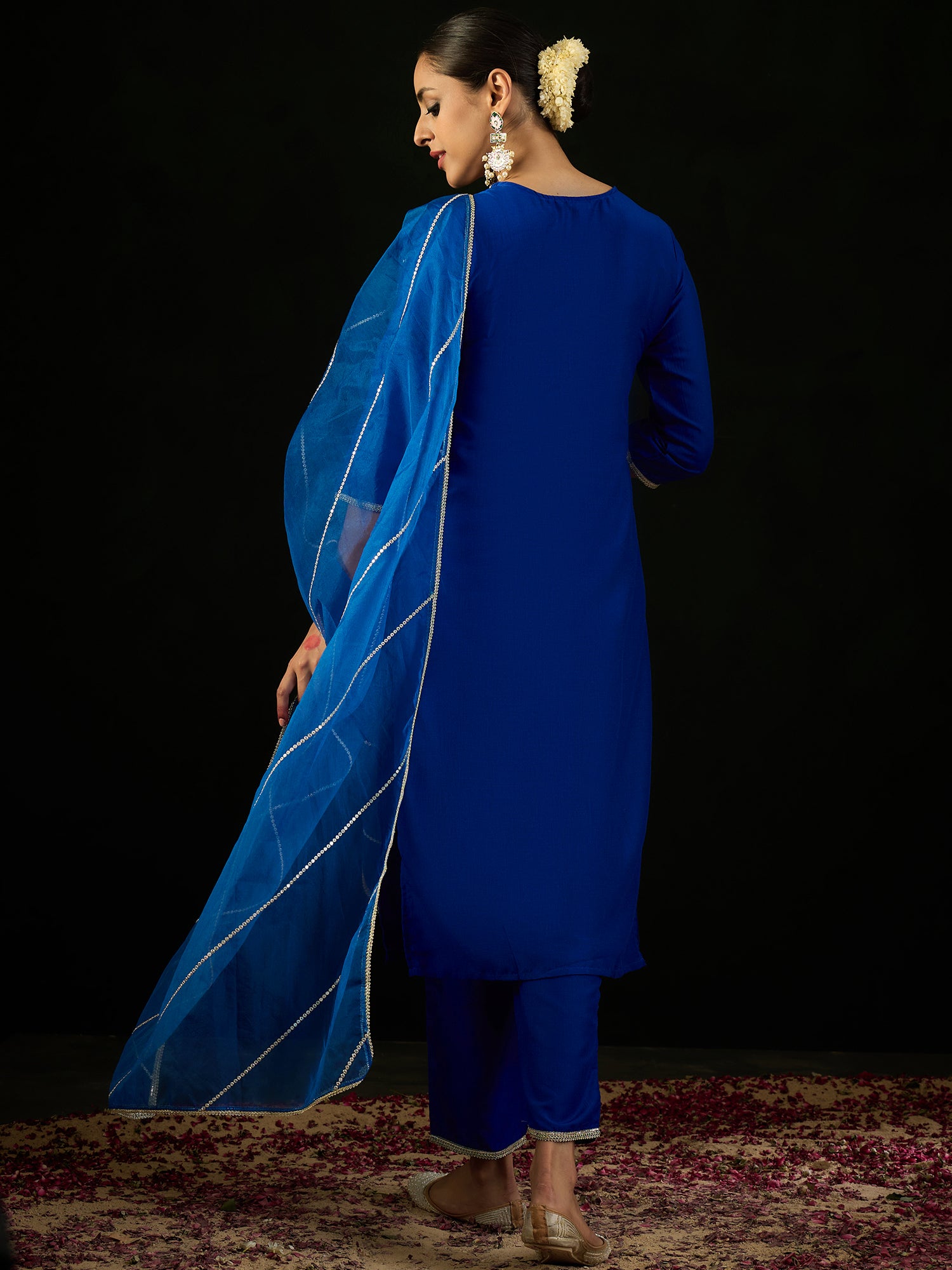 Blue Embroidered Straight Kurta Trousers With Dupatta Set