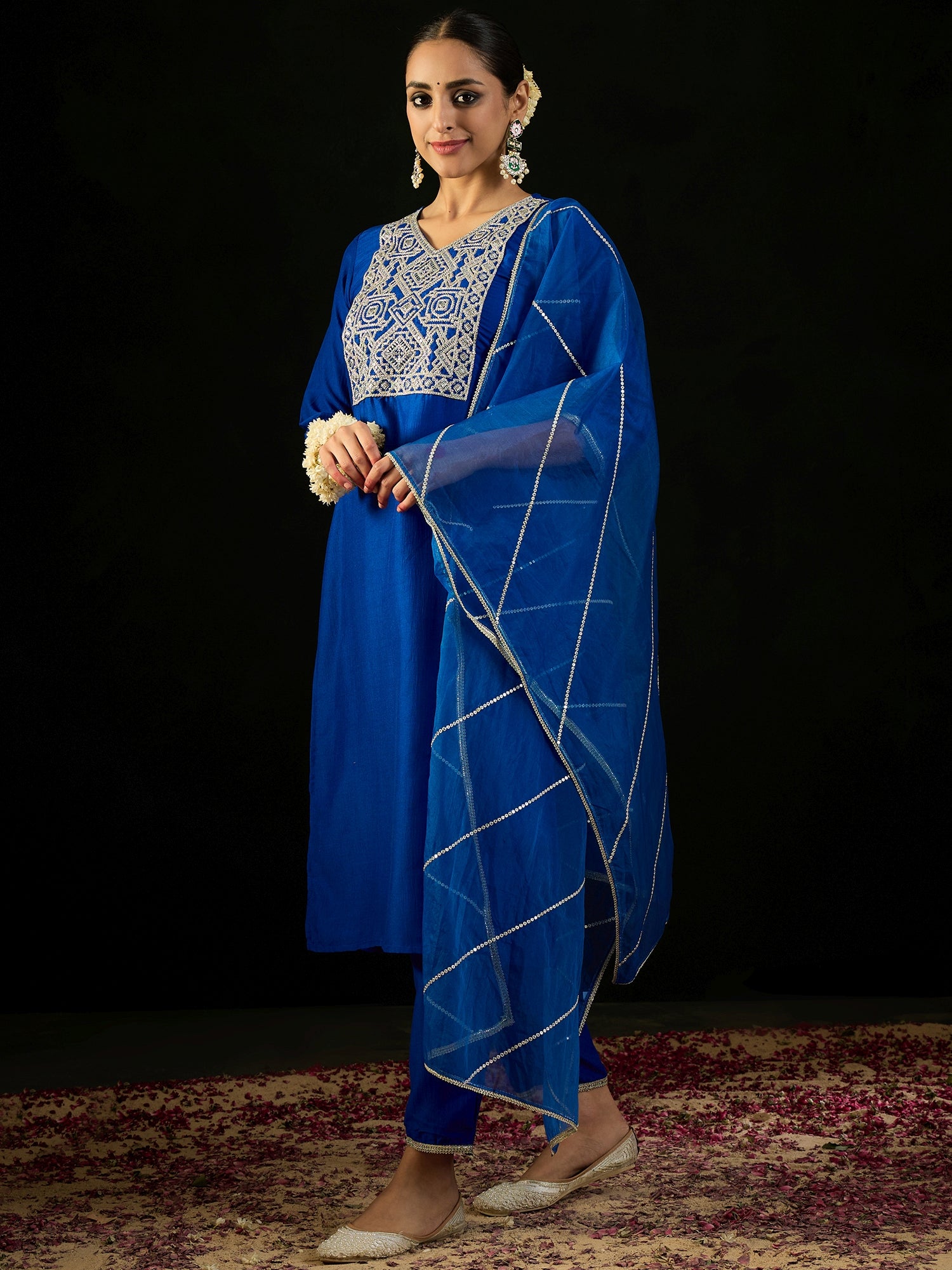 Blue Embroidered Straight Kurta Trousers With Dupatta Set