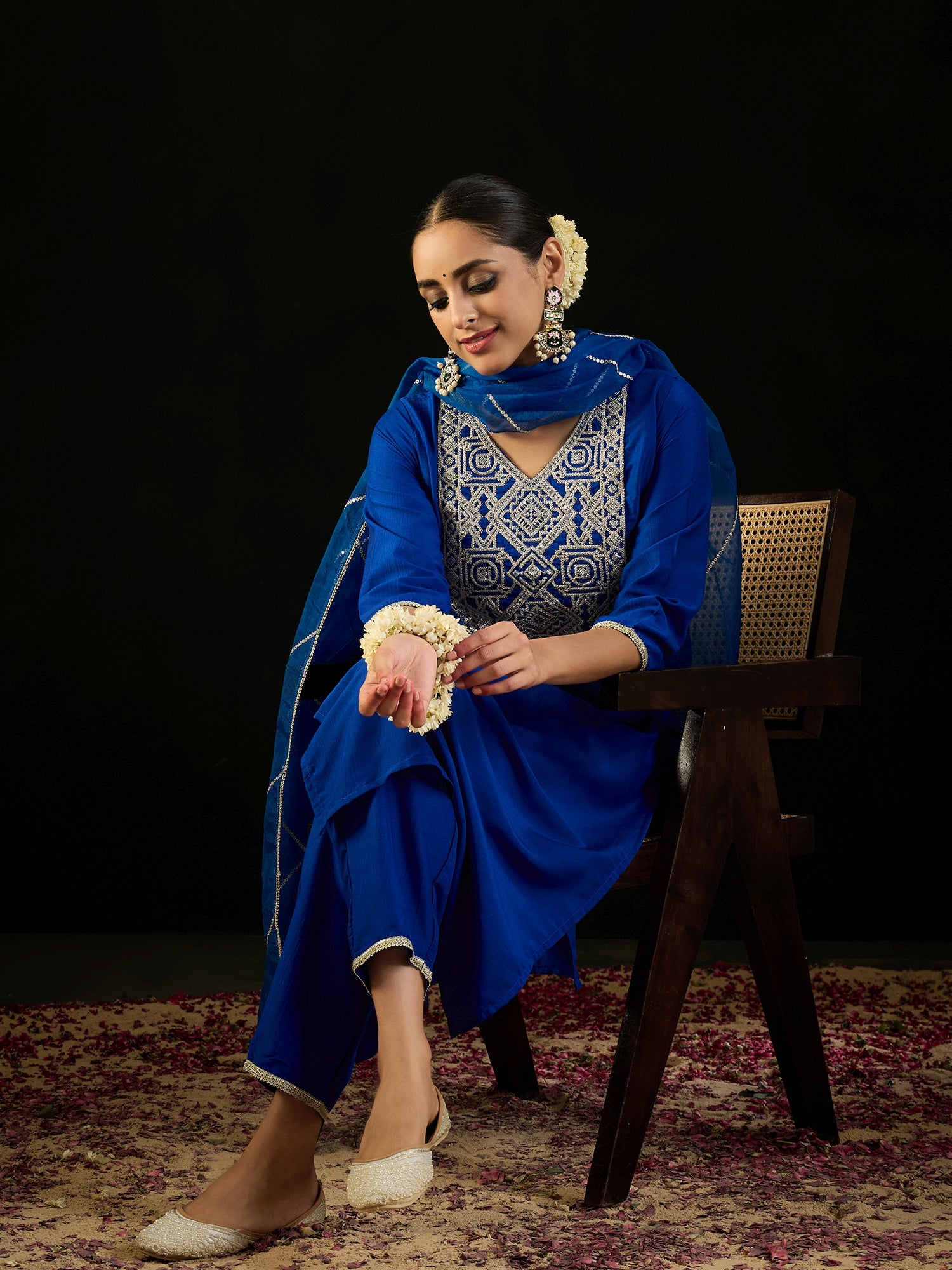 Blue Embroidered Straight Kurta Trousers With Dupatta Set